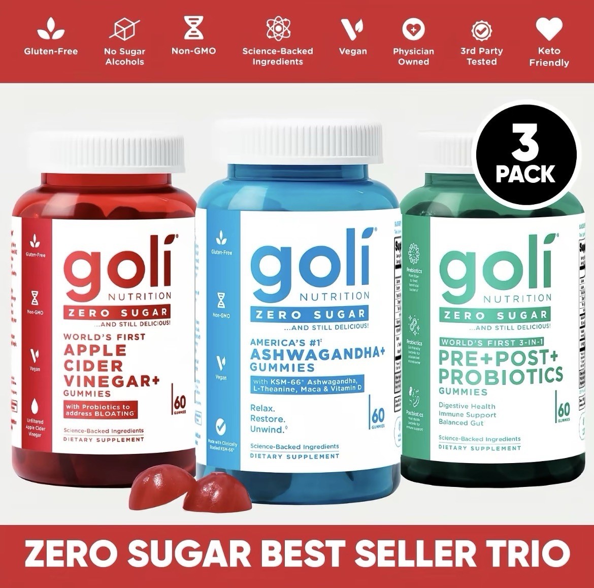 Goli Zero Sugar Trio Gummies Apple Cider Vinegar Ashwagandha Probiotic 3 Pack