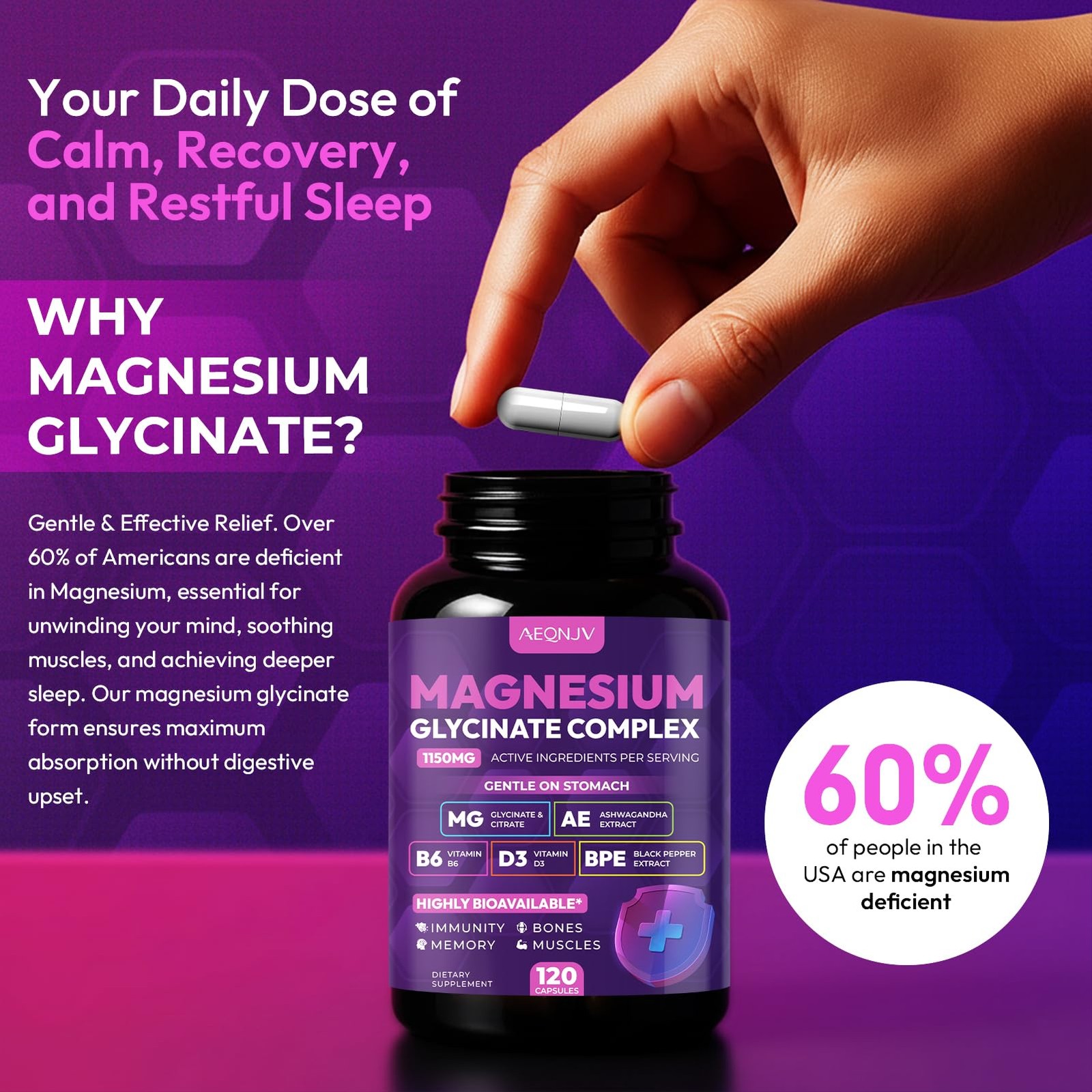 Magnesium Glycinate Complex 1150mg – Gentle on Stomach 120 Count (Pack of 1)