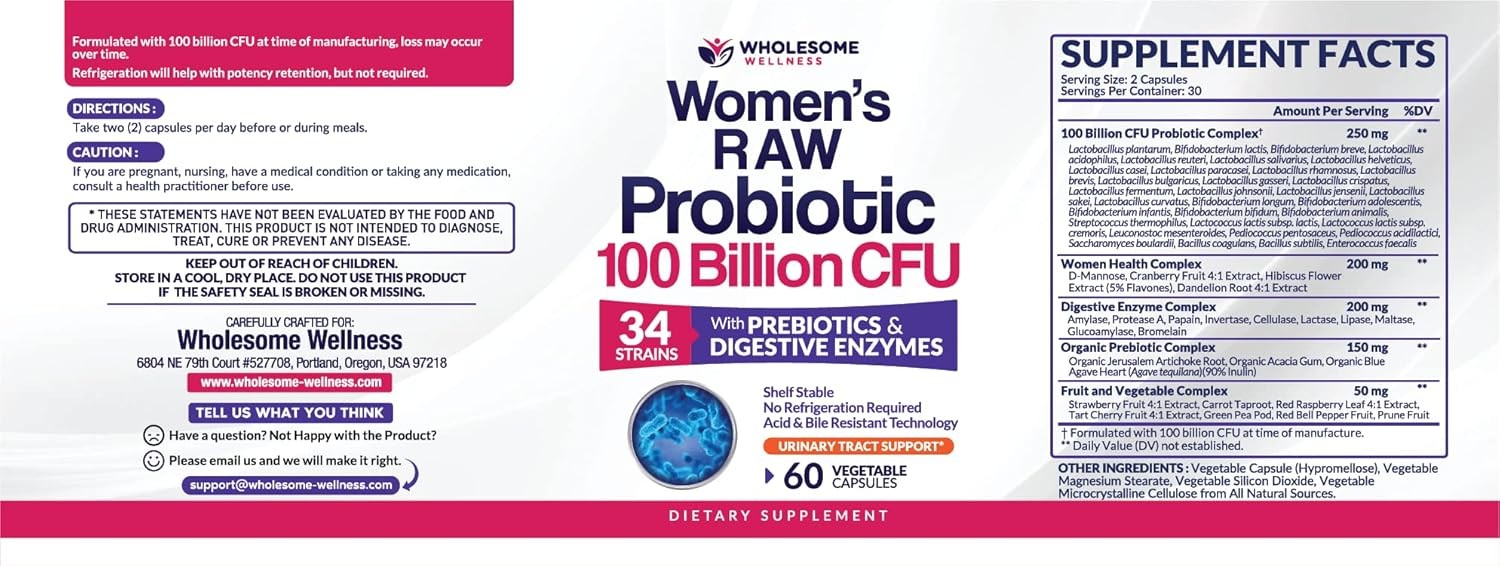 Wholesome Wellness Women’s Raw Digestive Enzymes Probiotic 100 Billion CFU Caps