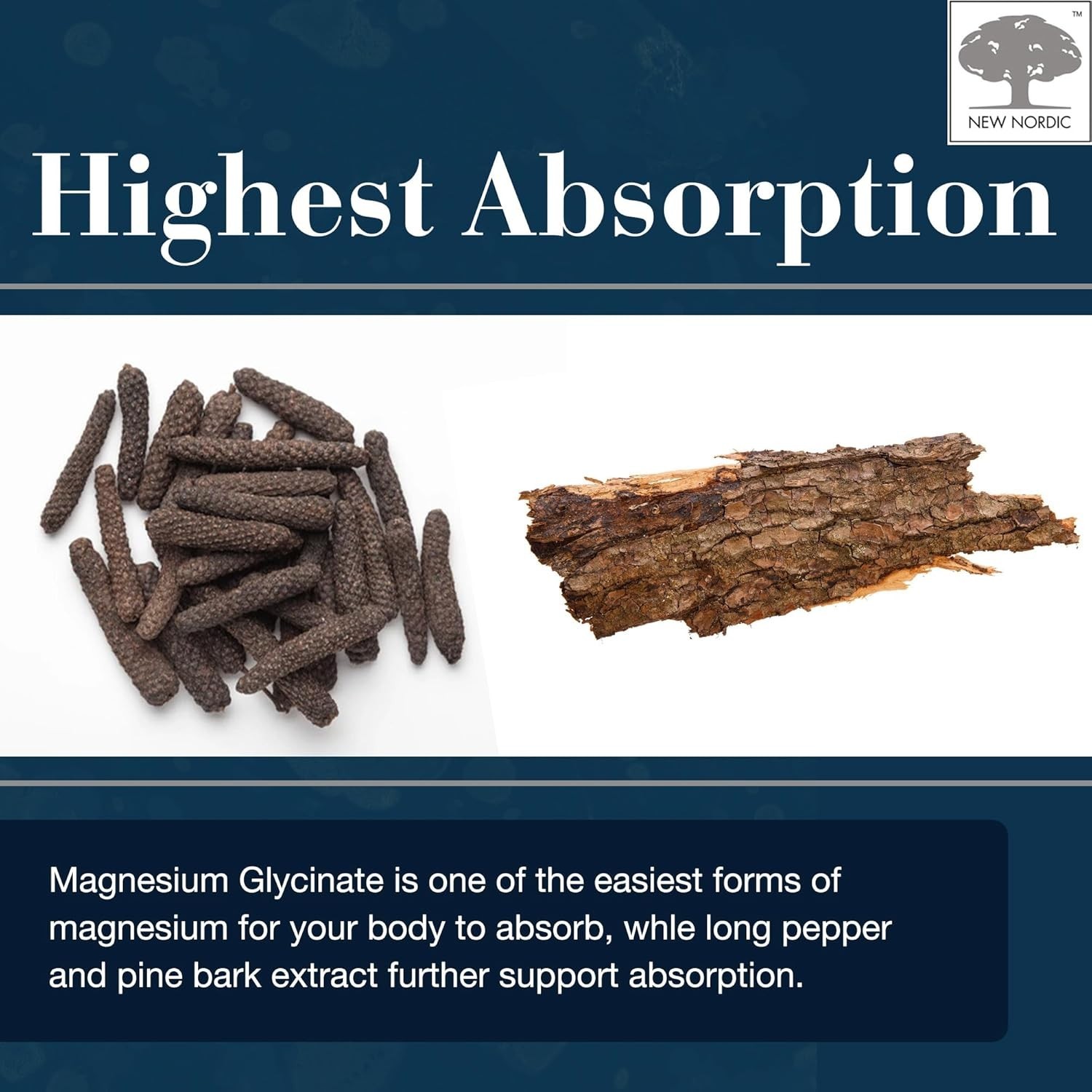 New Nordic Magnesium Glycinate+ 60 Tablets Pine Bark Long Pepper Gentle Stomach