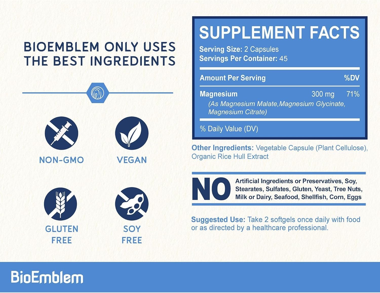 BioEmblem Triple Magnesium Complex 300mg – Glycinate Malate Citrate, 90 Caps
