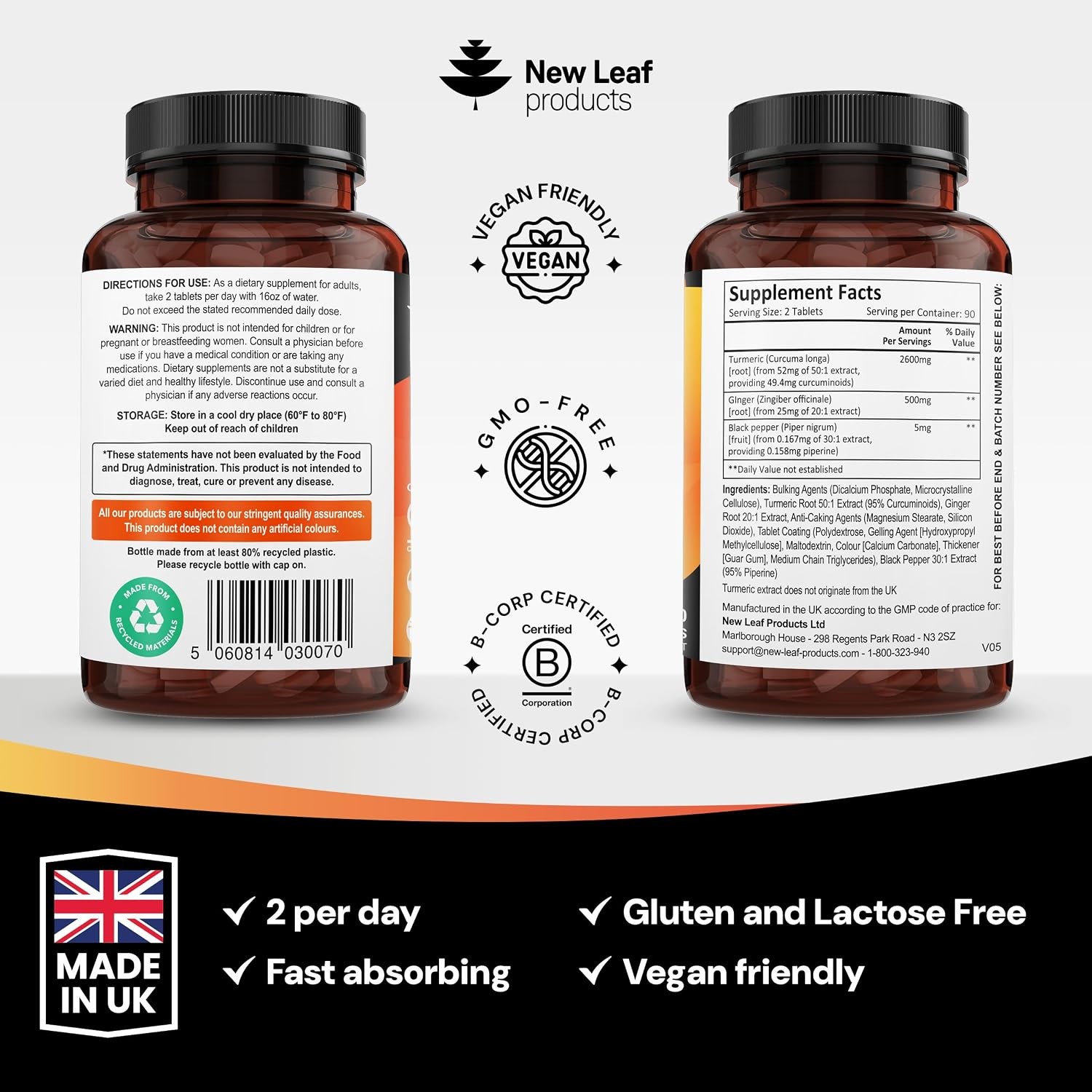 Turmeric Tablets with Black Pepper & Ginger – Curcumin – 180 Turmeric and Black