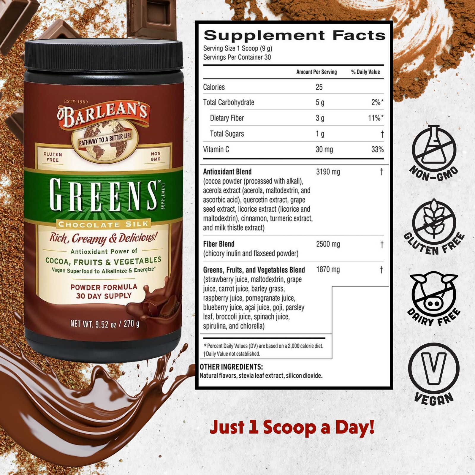Barlean’s Chocolate Greens Powder, Daily Fruit and Vegetable Superfood Supple…