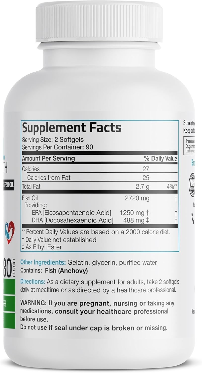 Omega 3 Fish Oil Triple Strength 2720 mg, High EPA 1250 mg DHA 488 mg, Non-GM…
