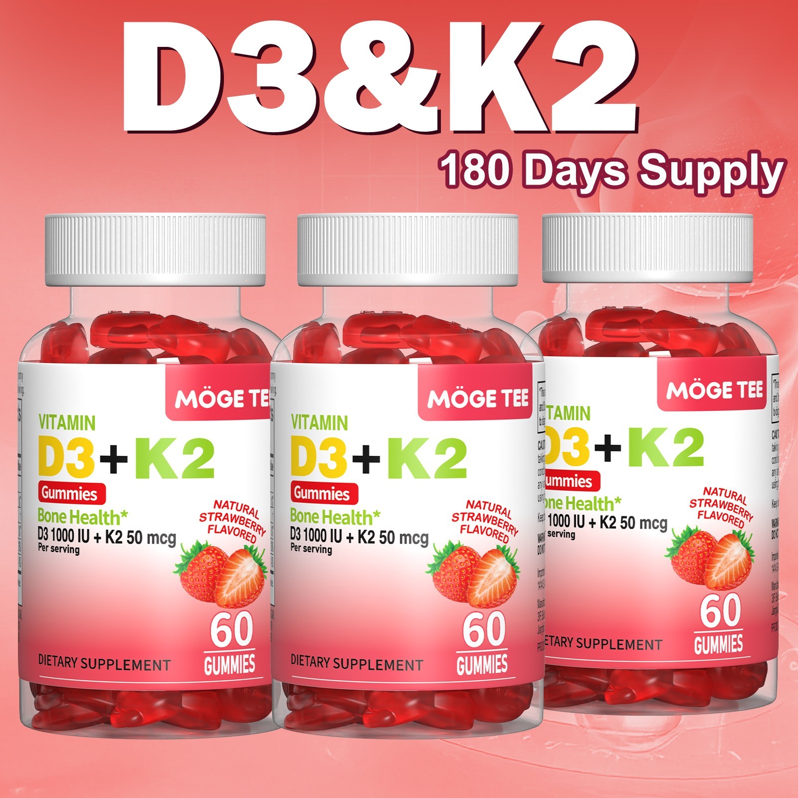 Vitamin K2 D3 Gummies Bone Immune Support Non-GMO 60-240 Count Strawberry Flavor