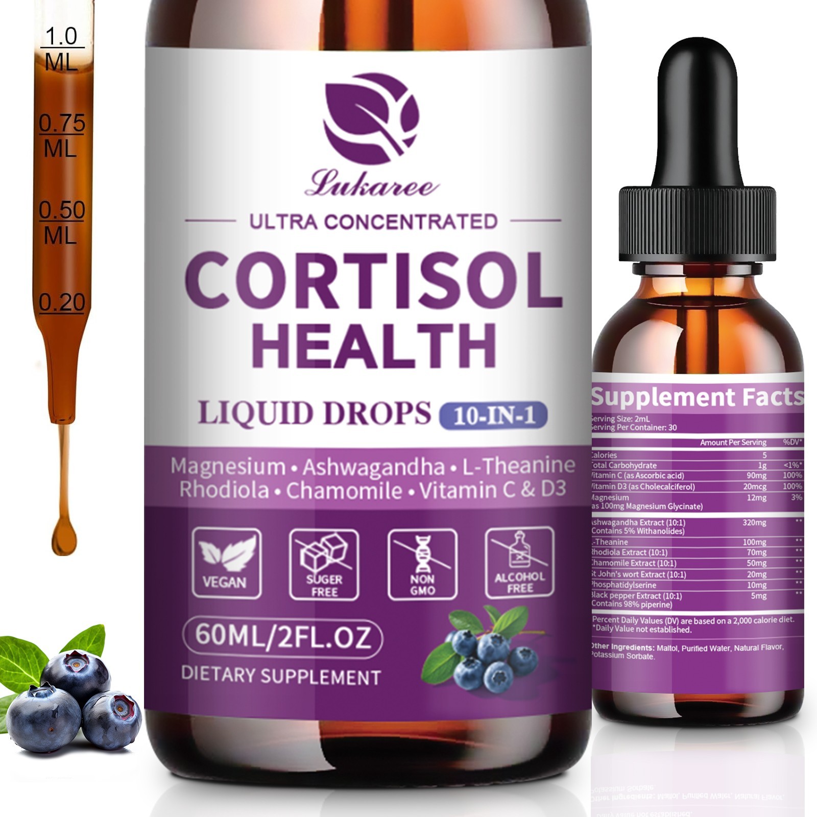 2x60ml Cortisol 10-IN-1 Supplement Liquid with Magnesium Ashwagandha L-Theanine