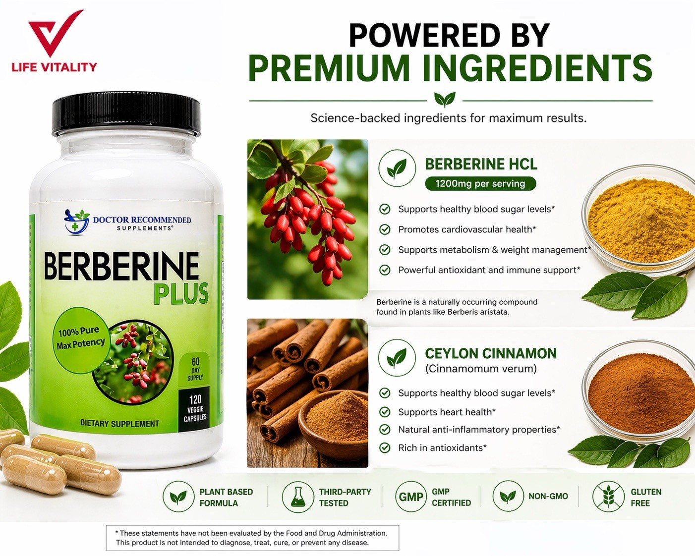 Berberine Plus 1200mg Per Serving -120 Veggie Capsules Royal Jelly Supports