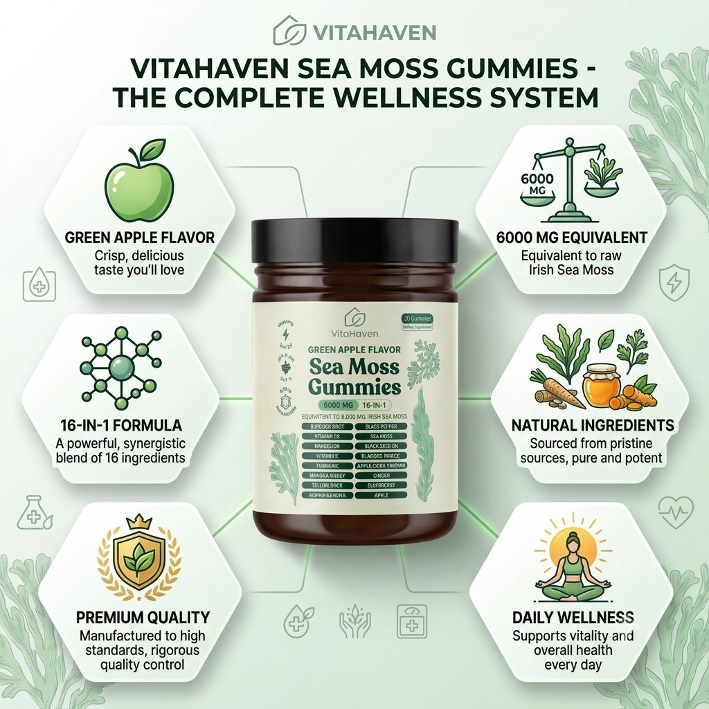 16 IN 1 Organic Sea Moss Gummy Irishmoss Extract 6000Mg | Green Apple Flavor US