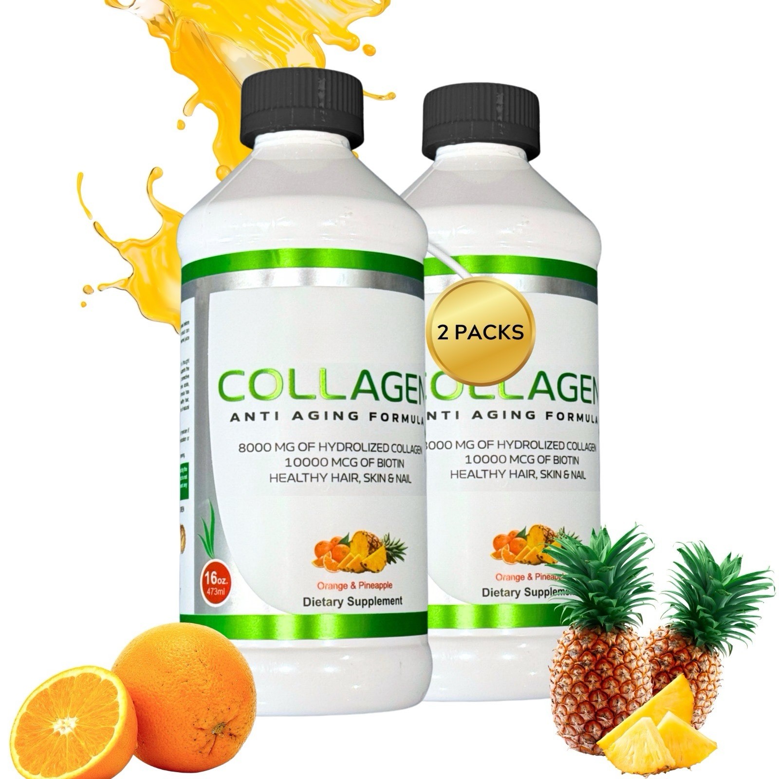 Liquid Collagen, Extra Strength Sugar Free Biotin, Orange -Pineapple 2pack