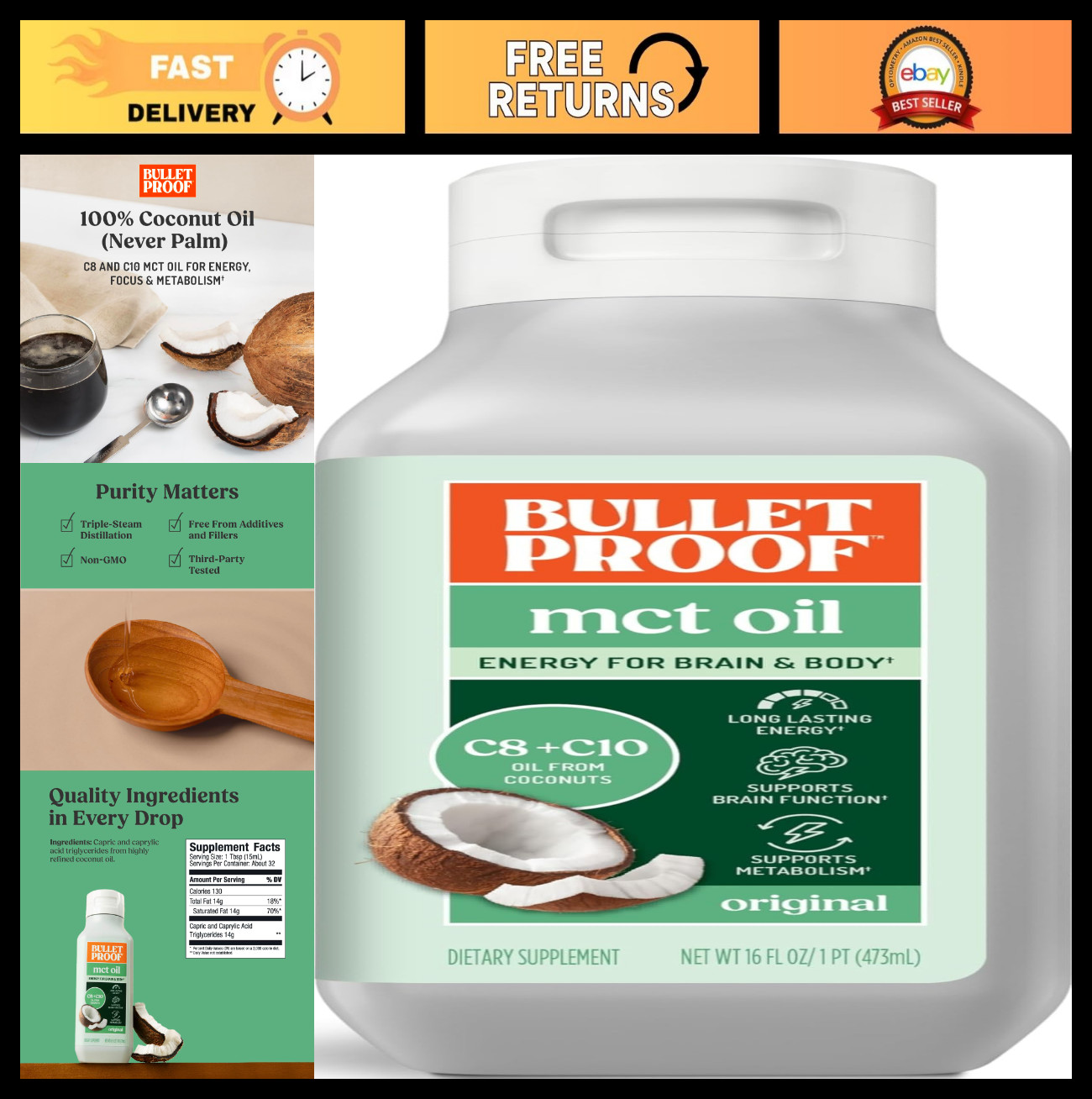 100% Pure MCT Oil – Triple-Distilled Coconut Oil for Keto Energy, Unflavored, 16