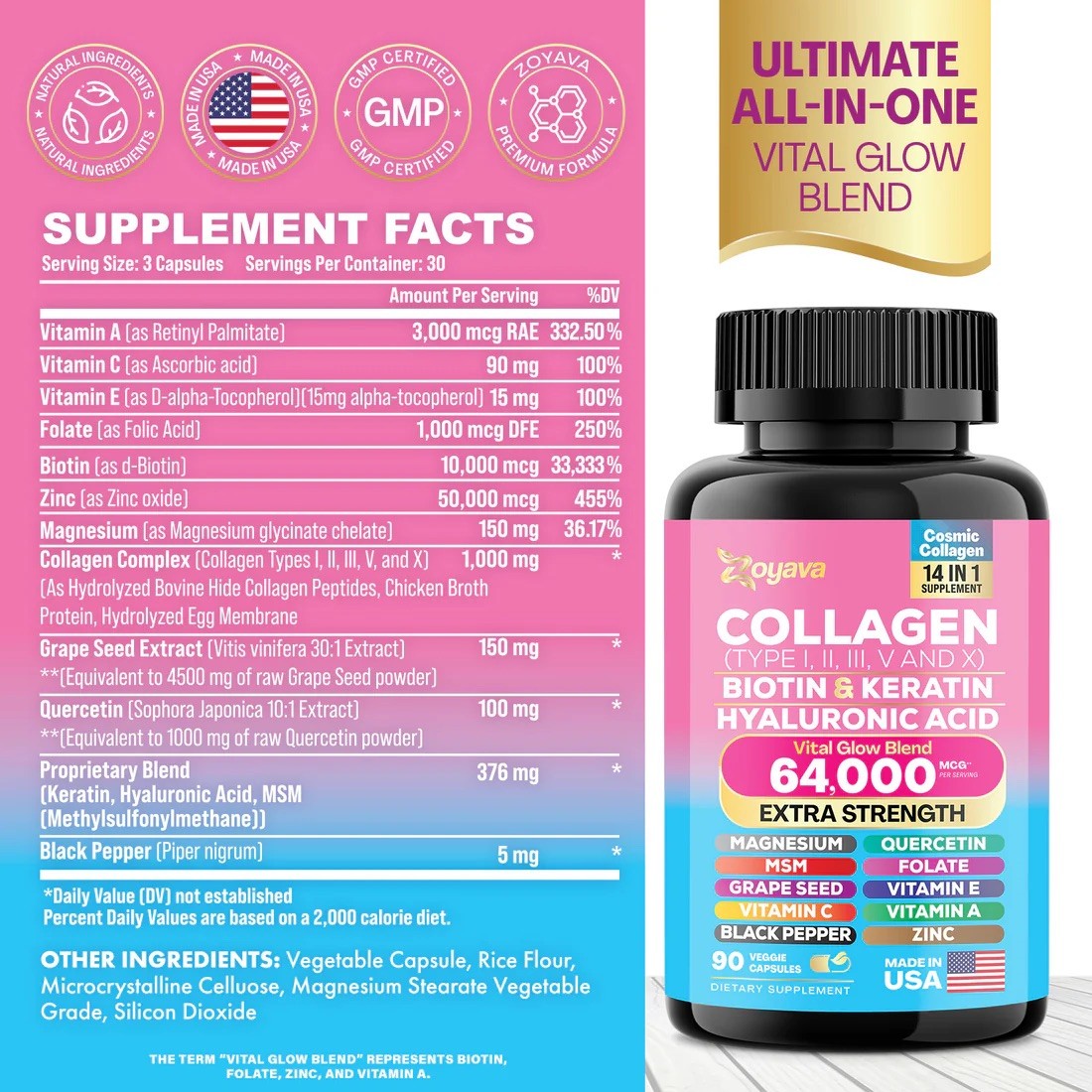 Zoyava Collagen Pills Peptides Types I, II, III, V & X – NEW ~ SHIPS FROM USA
