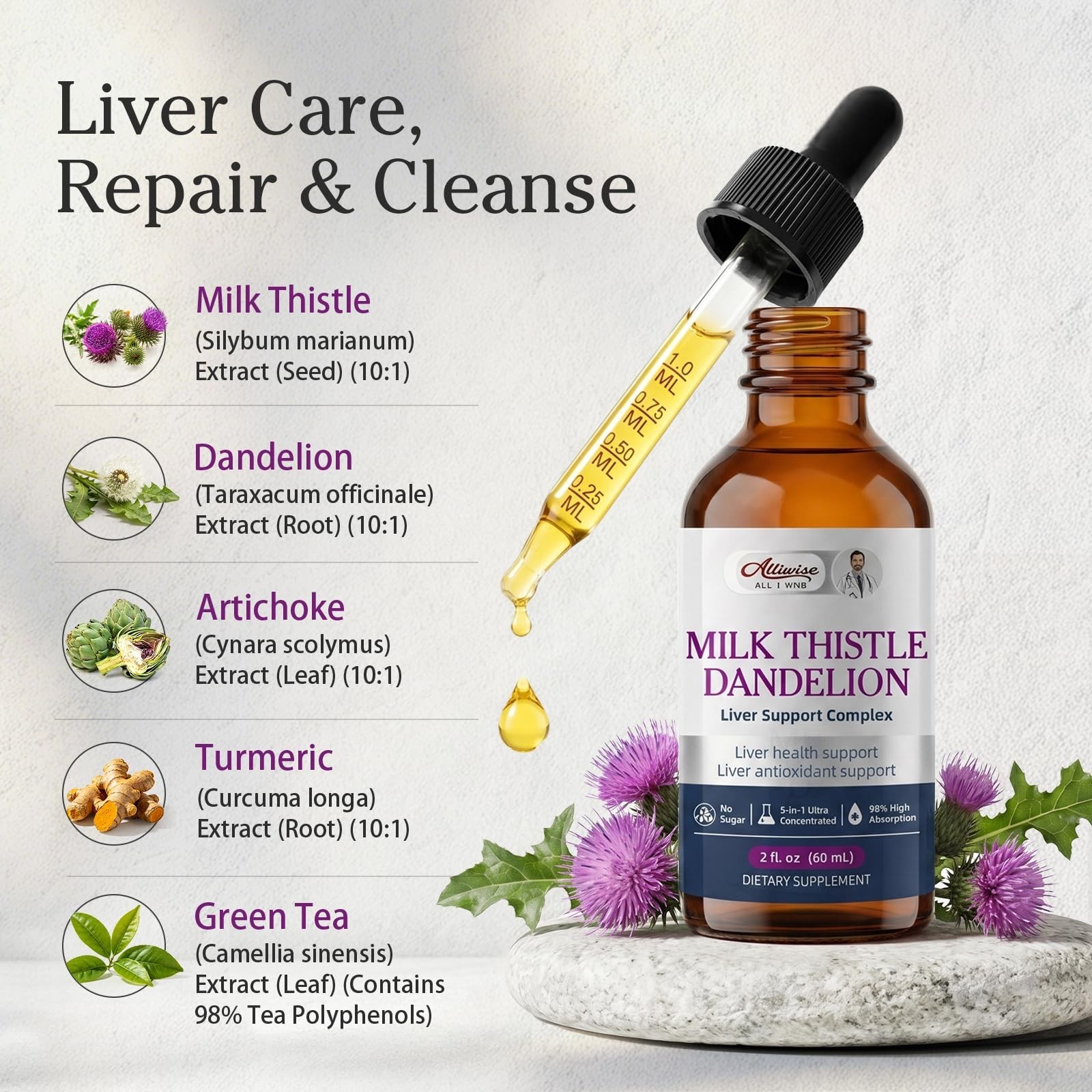 Liver Health Support Drops – Milk Thistle & Dandelion Root Extract, Detox & Clea