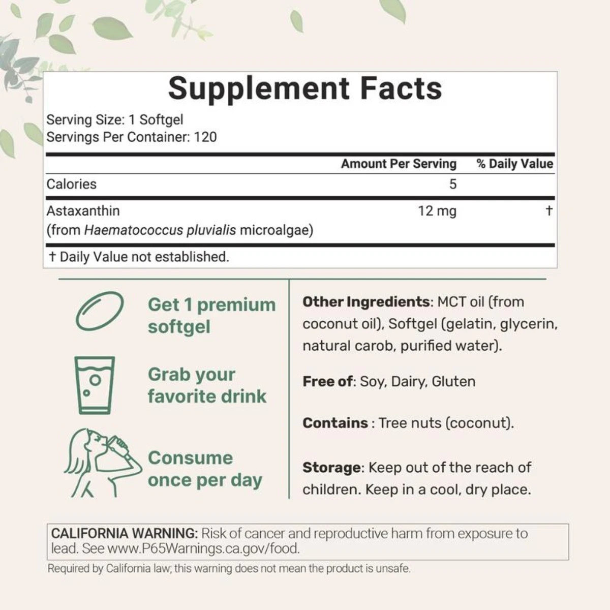 Astaxanthin 12mg from Natural Microalgae,For Skin Glow & Antioxidant Support
