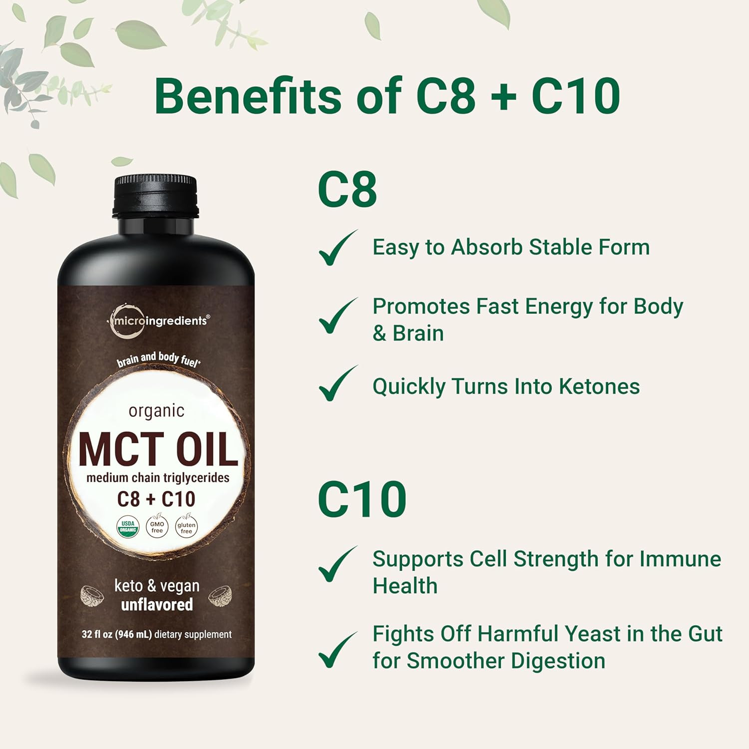 MCT Oil Organic, 32 Fl Oz | C8 + C10 from 100% Virgin Coconut | Natural Fuel …