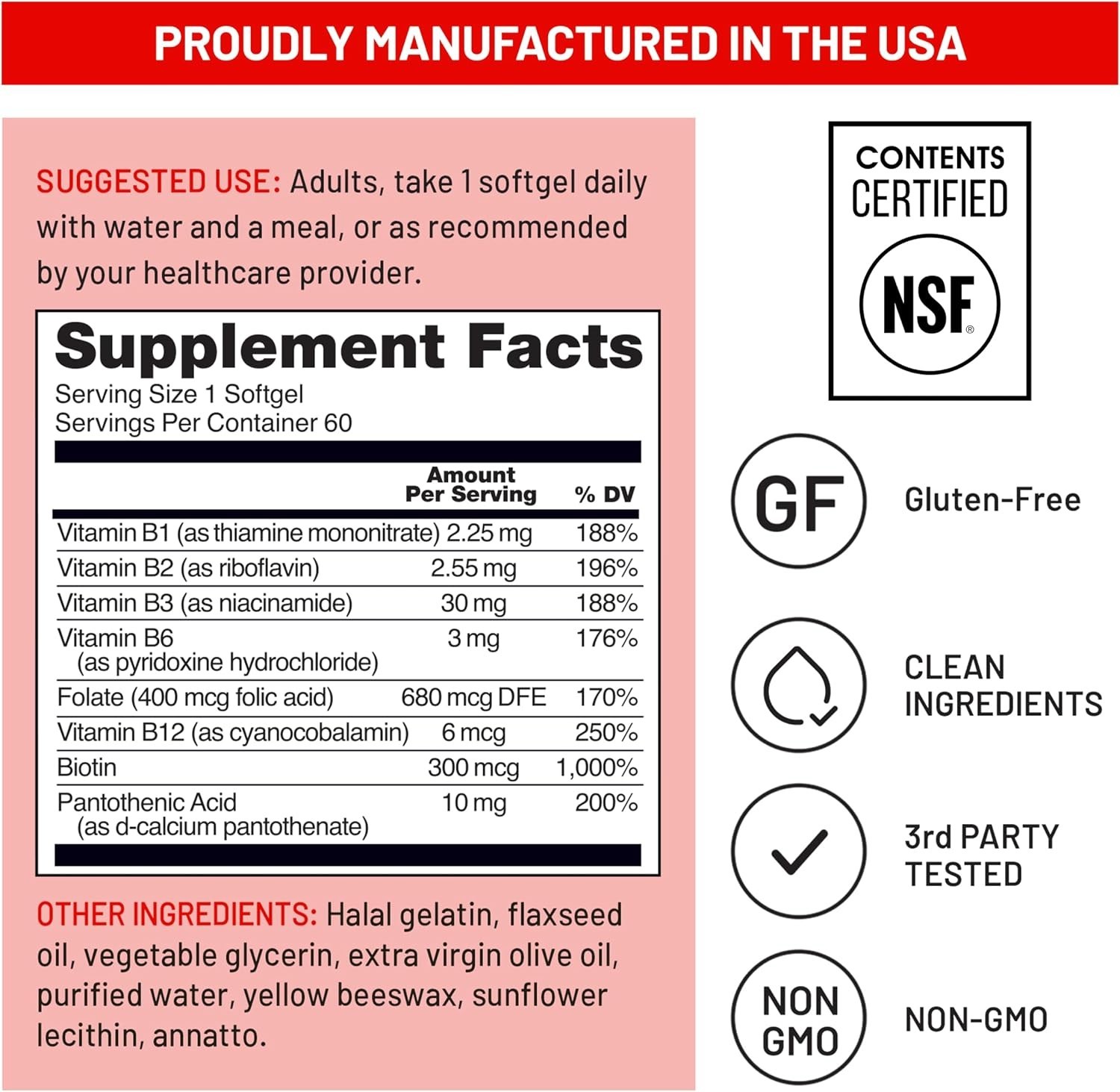 Vitamin B Complex for Women & Men w/ Folic Acid Biotin B1 B2 B3 B6 B12 180 Ct