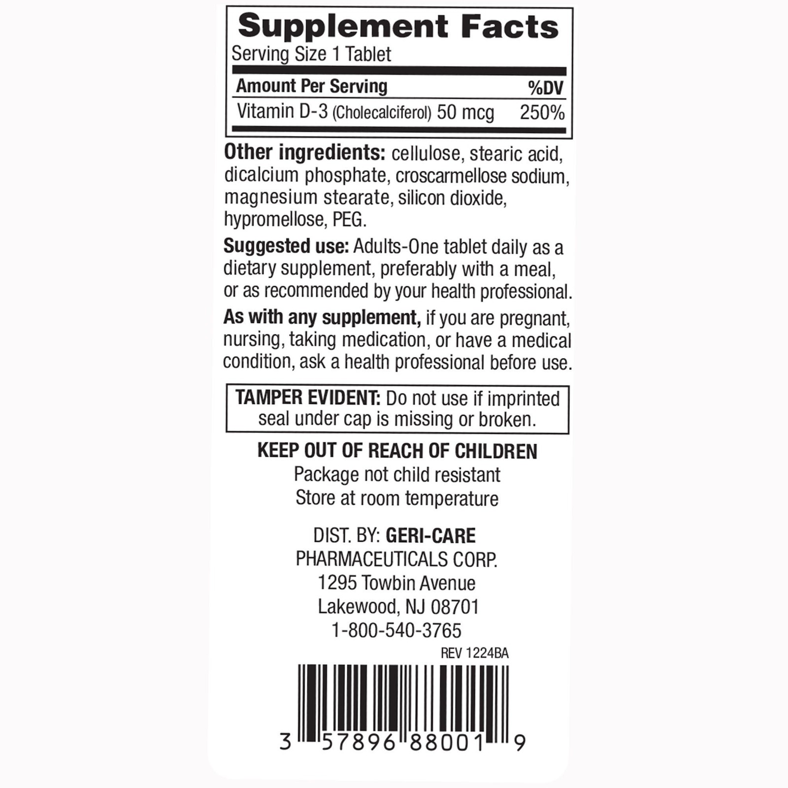 Geri-Care Vitamin D Tablet 880-01-GCP 1 Bottle 100 per Bottle