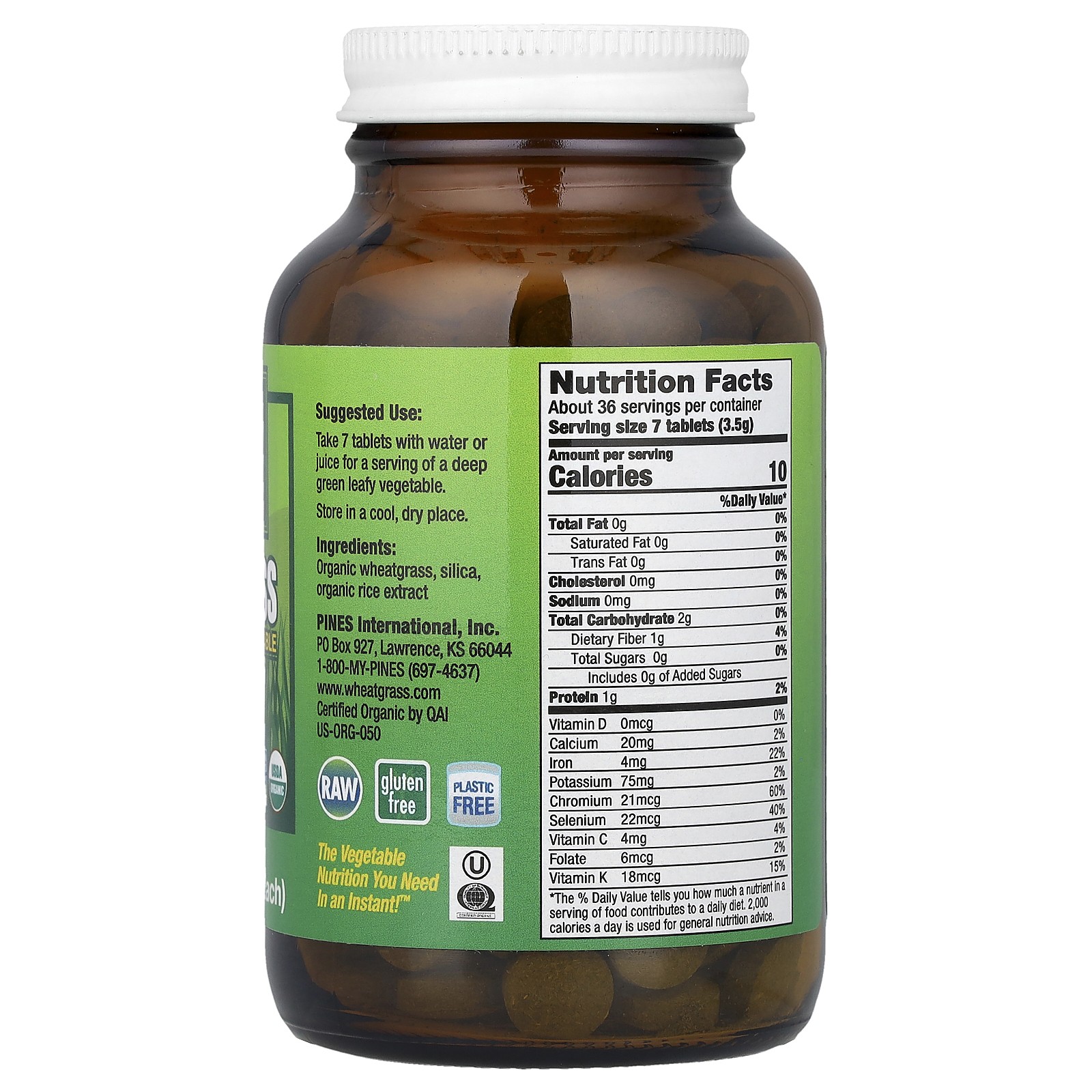 Pines International Wheat Grass 500 mg 250 Tablets Gluten-Free, Kosher, Non-GMO,