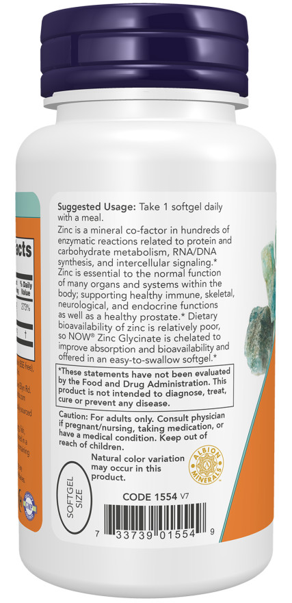 NOW Foods Zinc Glycinate 120 Softgels Supports Prostate Health