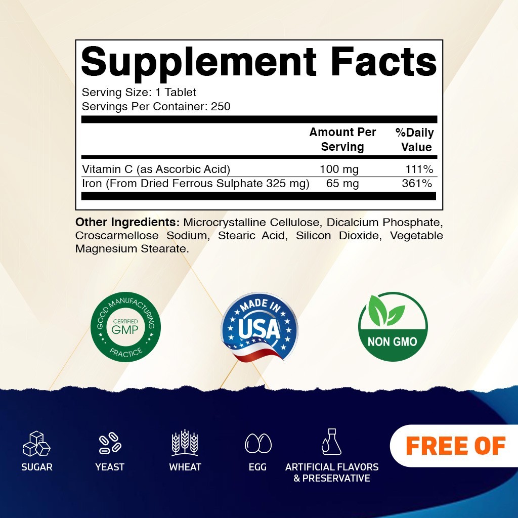 Vitamatic Ferrous Sulphate 325 mg + Vitamin C 100 mg- 250 coated tablets