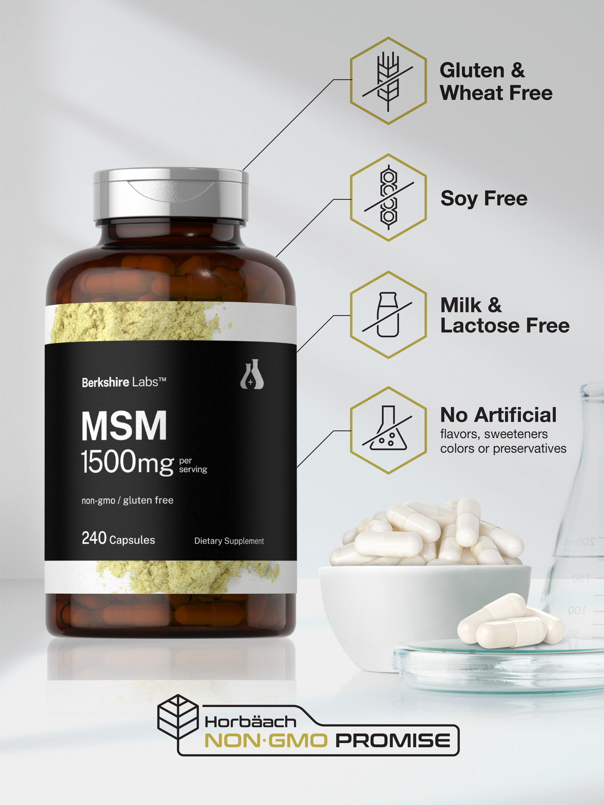 MSM Capsules 1500mg | 240 Count | Non-GMO, Gluten Free | Berkshire Labs