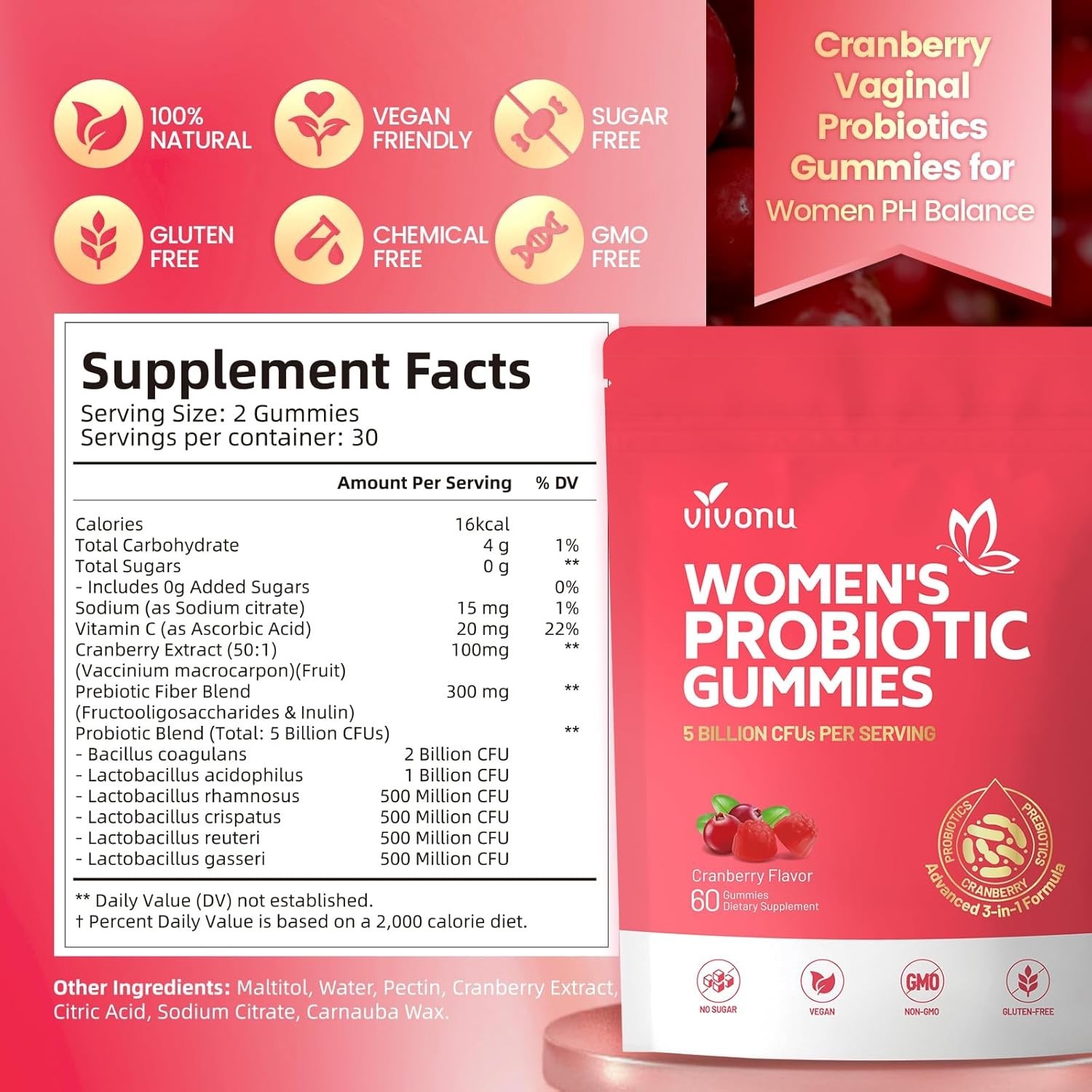 Vaginal Probiotics for Women, Feminine Balance pH Gummies 60pcs/1bag