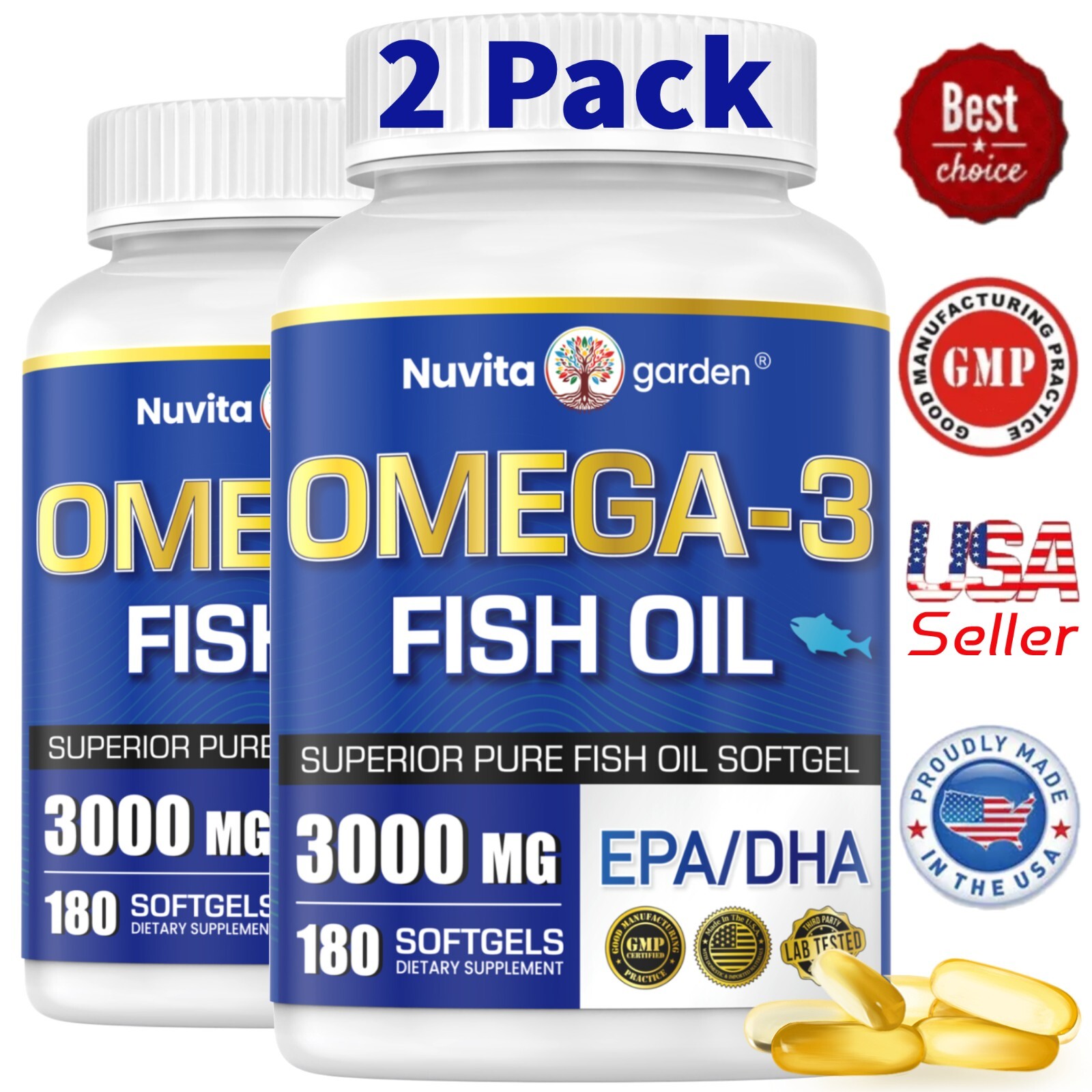 2 Pack 3000mg Omega 3 Fish Oil Supplement w/EPA & DHA,360 Softgels