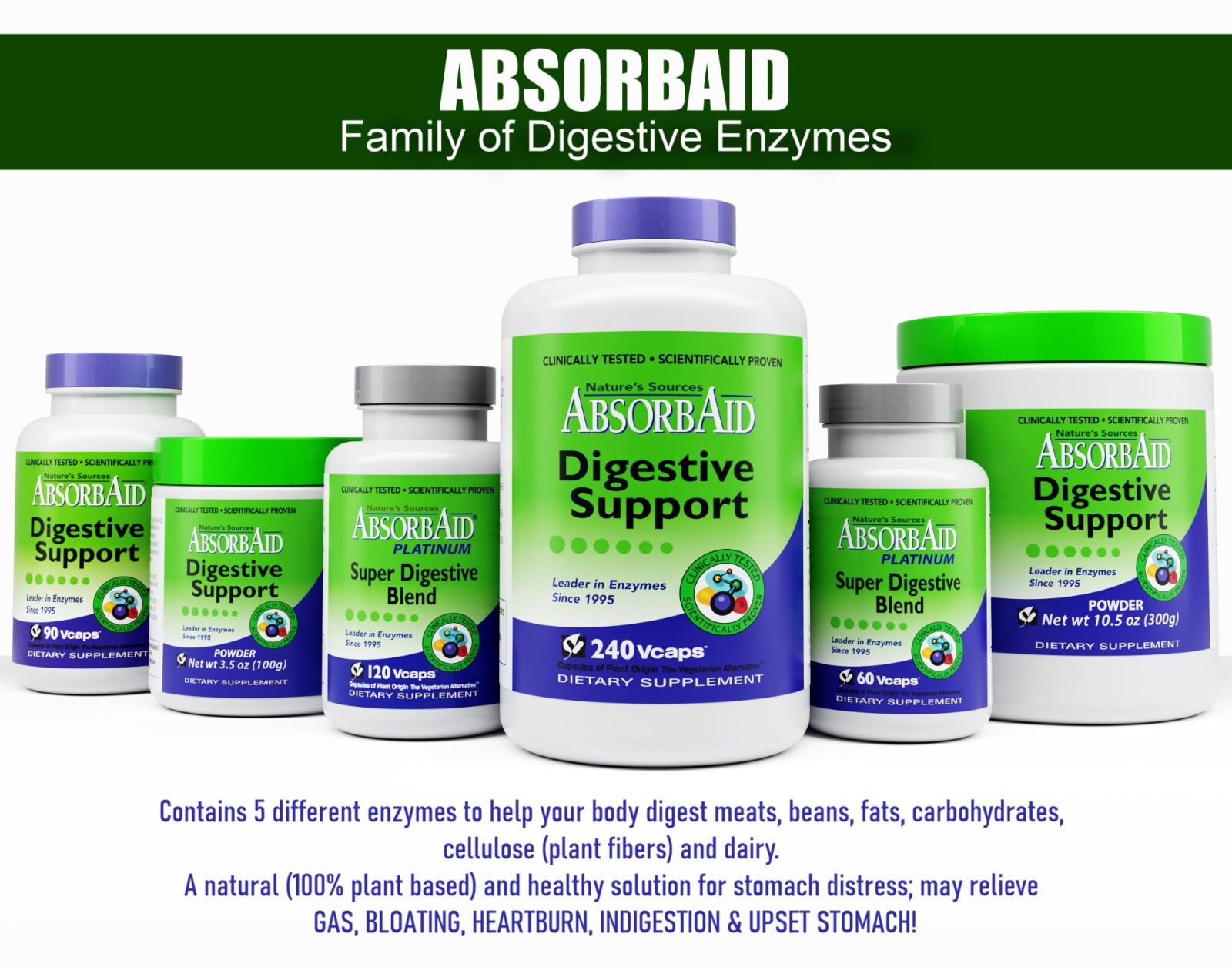 AbsorbAid Natural Digestive Enzyme relief for gas, bloating, acid reflux-240 cap