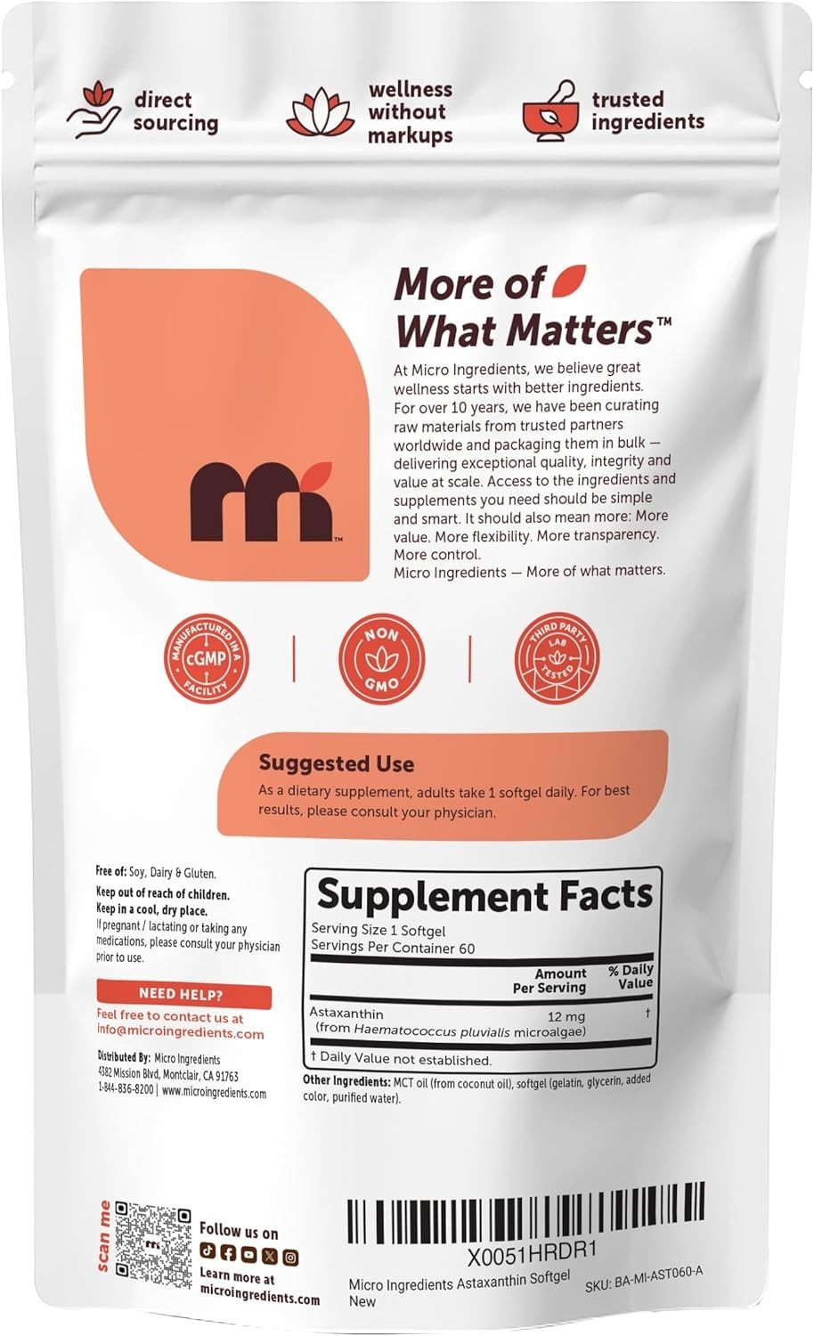 Astaxanthin 12mg Softgels with MCT Oil – 60 Non-GMO & Gluten-Free Softgels