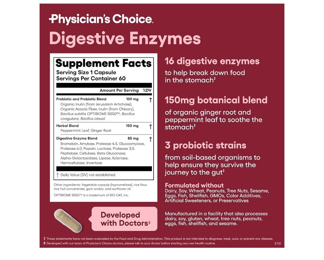 Physician’s Choice Digestive Enzyme 60 Capsule Exp 07/27 Brand New