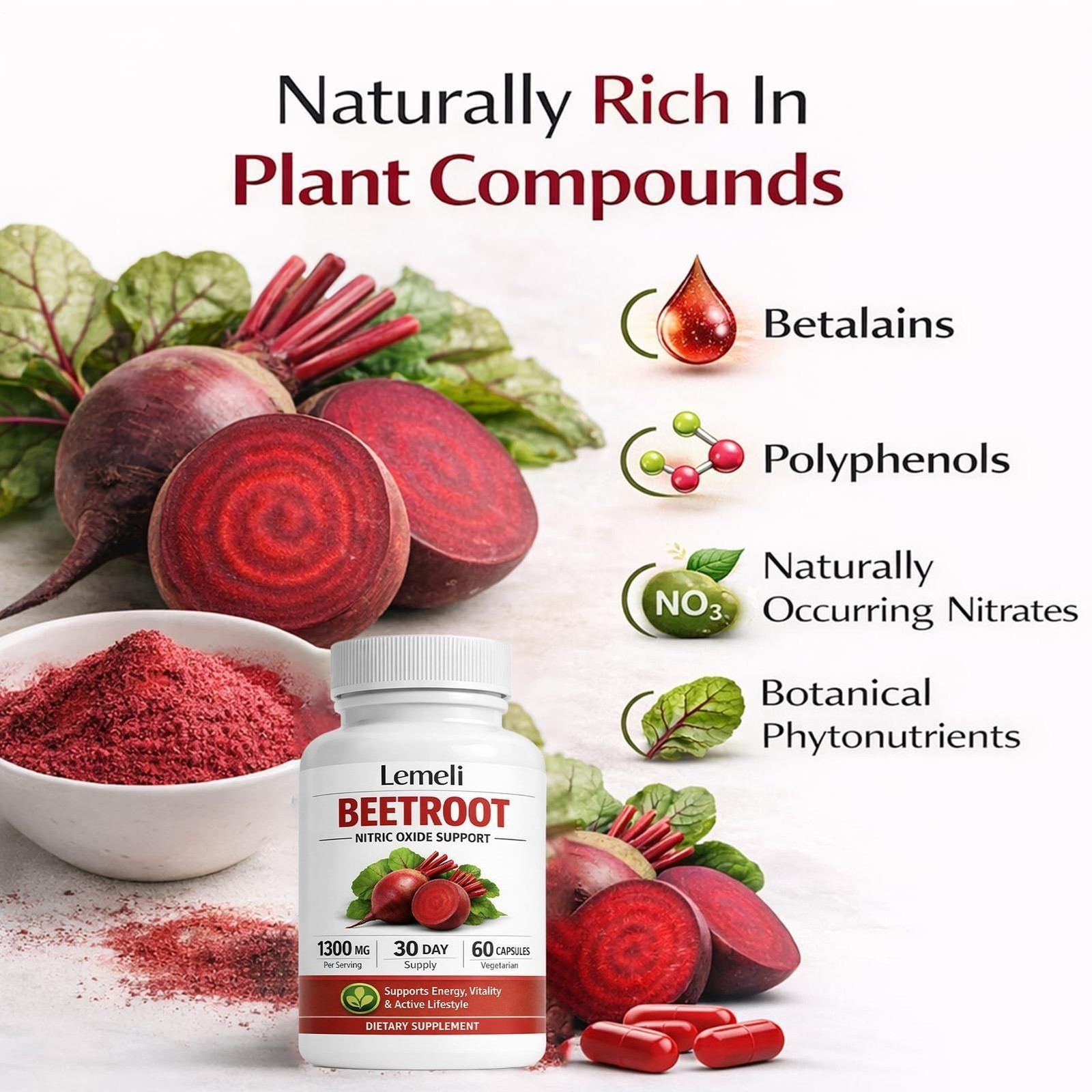 1-3 Pack Lemeli Beetroot Capsules 1300mg, Lemeli Beet Root Extract Supplement US