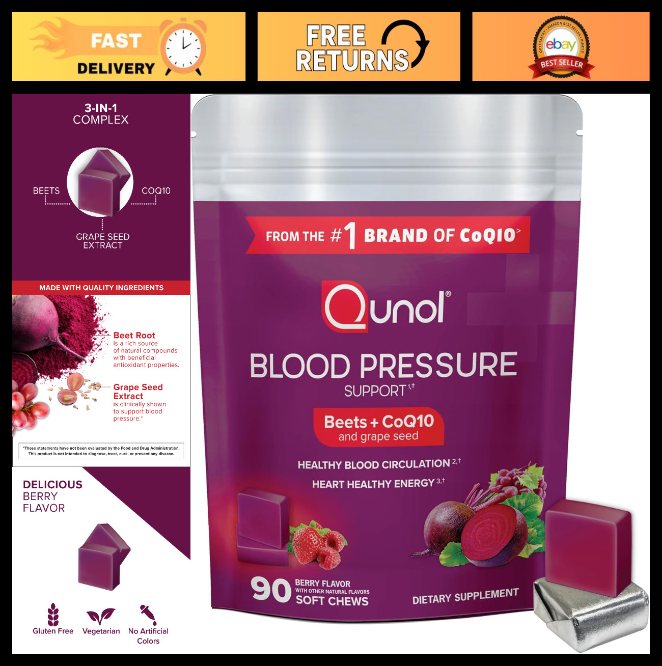 Beet Chews for Blood Pressure Support, 3-in-1 CoQ10 & Grape Seed Extract, 90 Che
