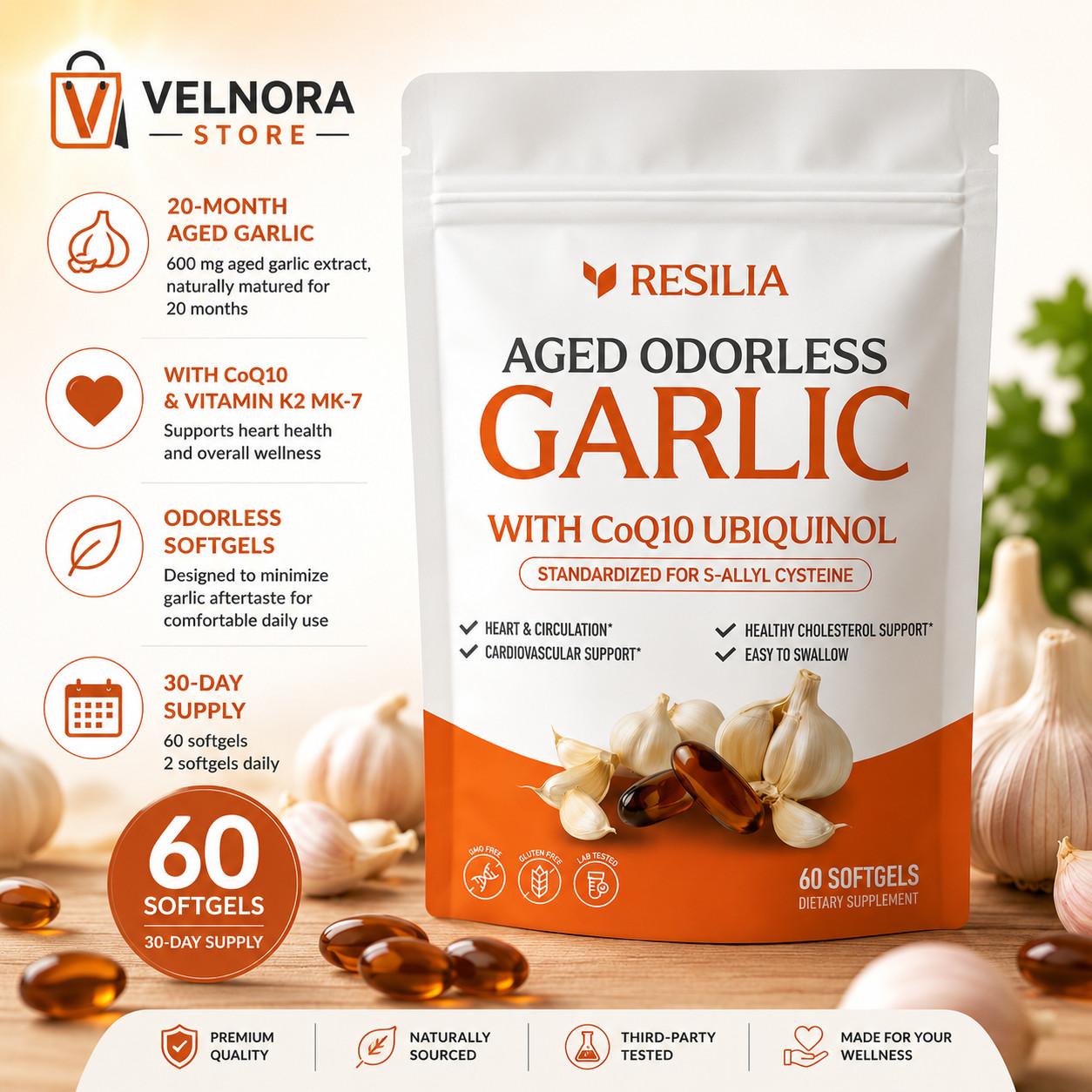 Resilia Garlic Extract 600mg Softgels (60 Count) – Odorless Aged Garlic Extra…