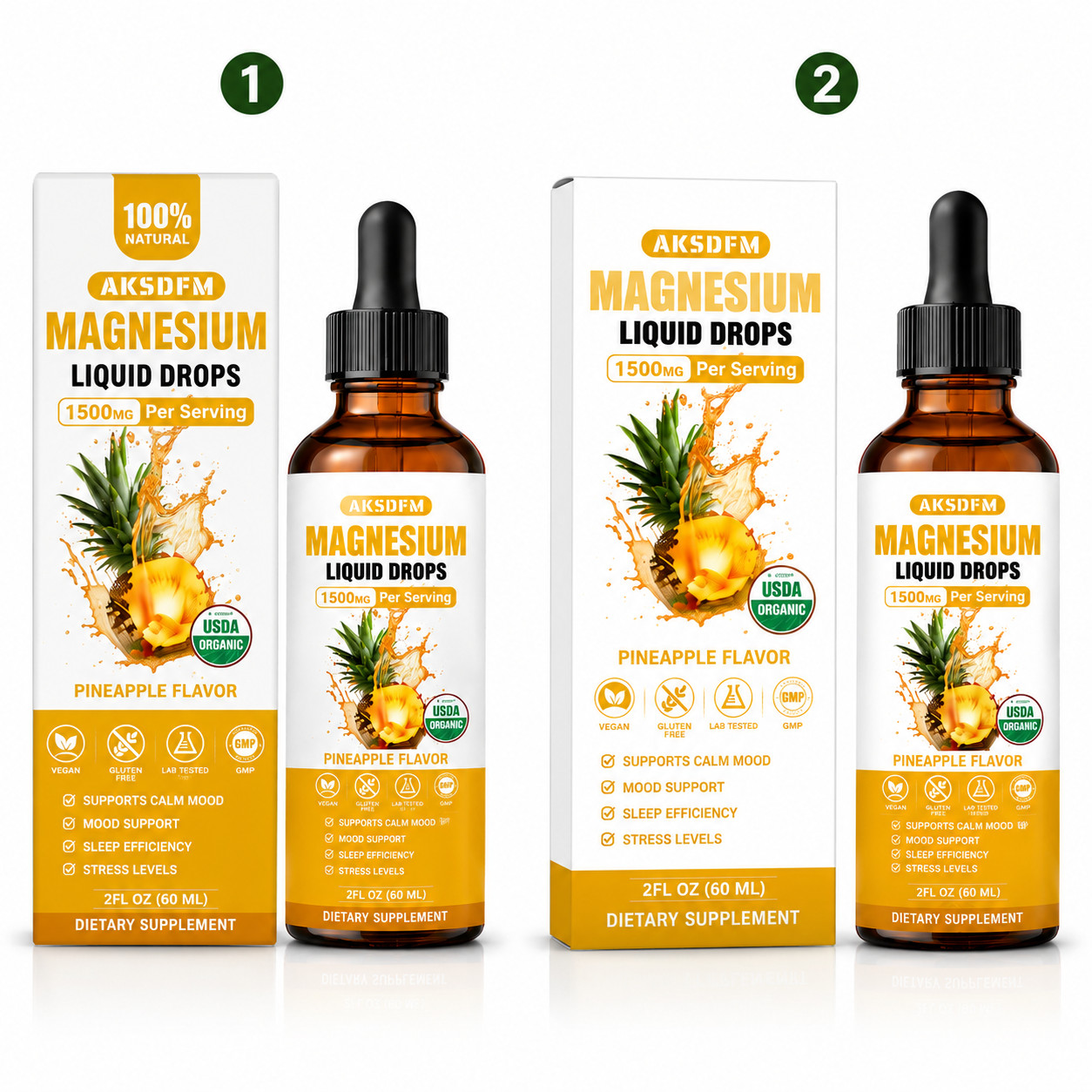 2 Pack Magnesium Liquid Drops 1500mg Pineapple Flavor 60ml Vegan Gluten Free