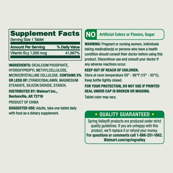 Spring Valley Vitamin B12 1000 Mcg Timed Release Tablets, 300 Count