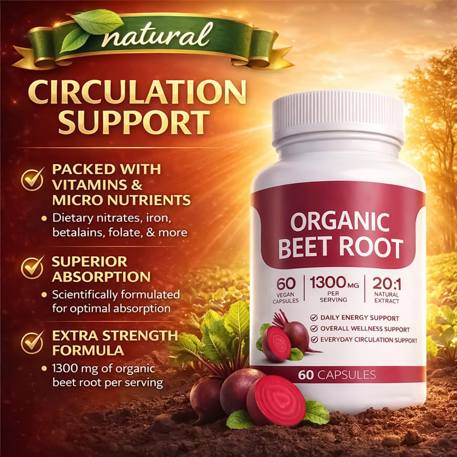 Beet Organic Root Capsules , Purely Natural , Supports Circulatory Wellness