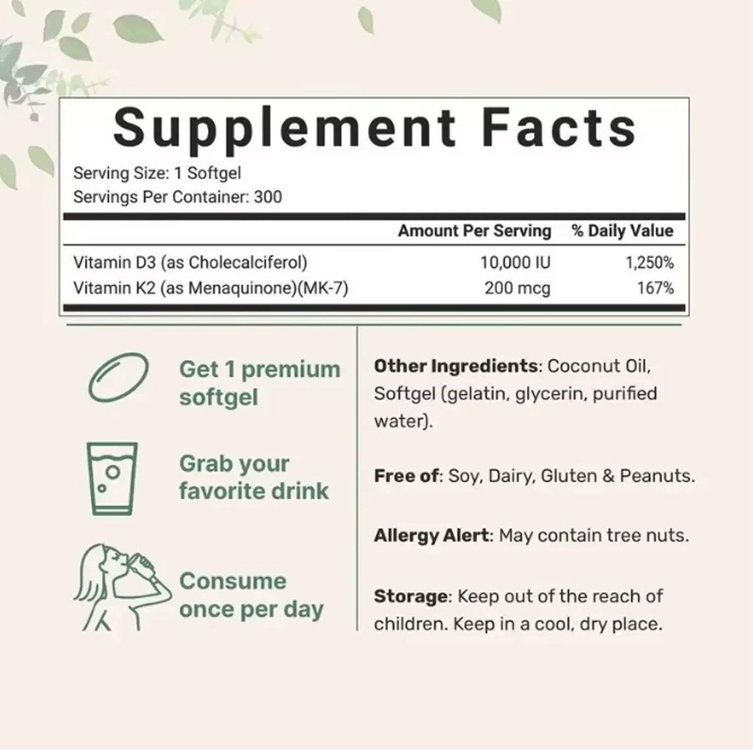 1 in 2 Vitamin D3 K2 Supplement Softgels 180 capsules 10000 IU VIT D3+K2 200 MCG