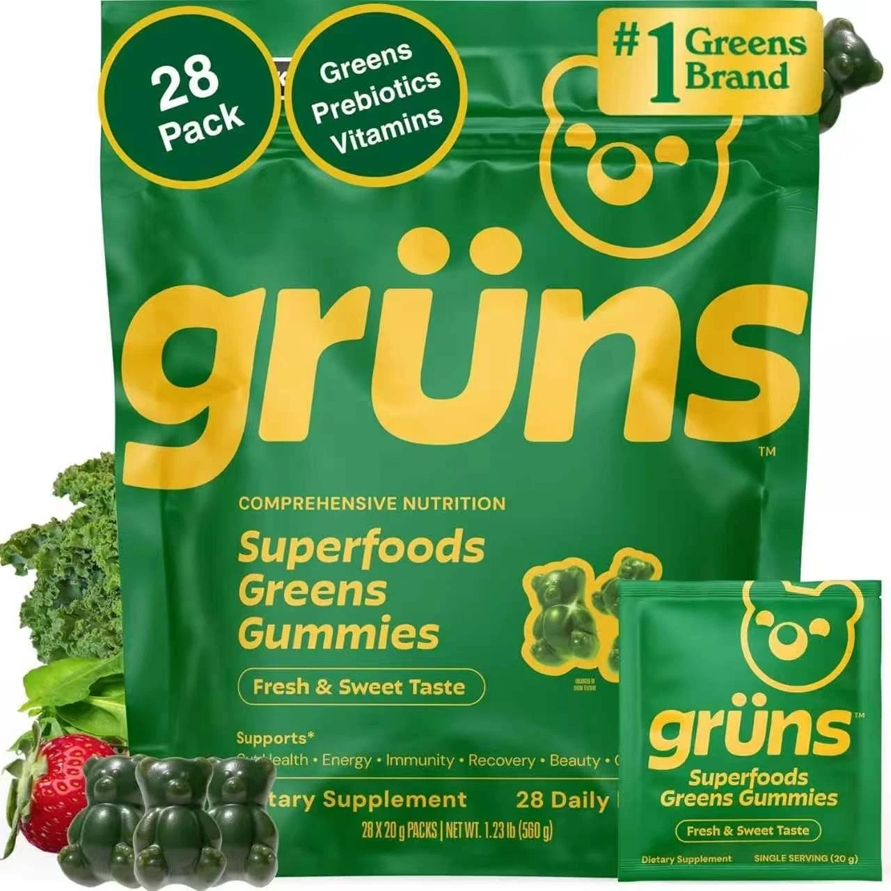 Gruns Adults Super Greens Gummies, Multivitamin Superfood Gummy Bears 28 Packs