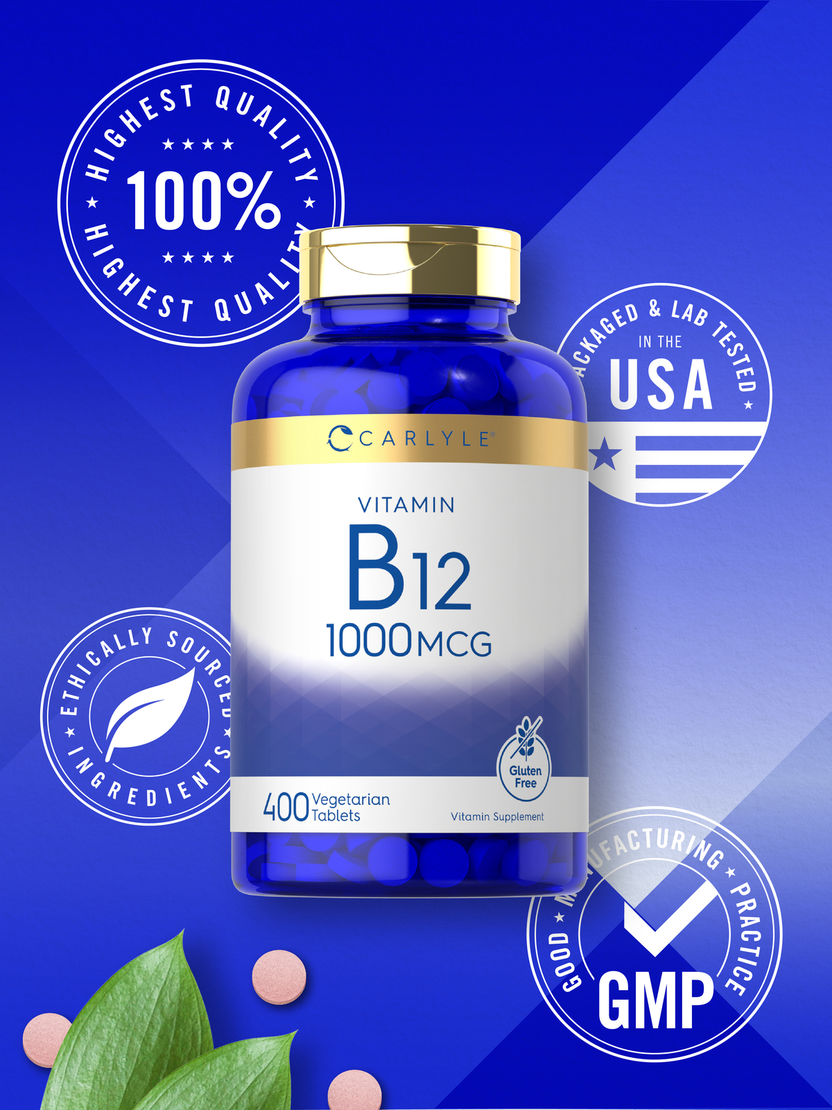 Vitamin B12 1000 mcg | 400 Tablets | Vegetarian, Non-GMO | by Carlyle