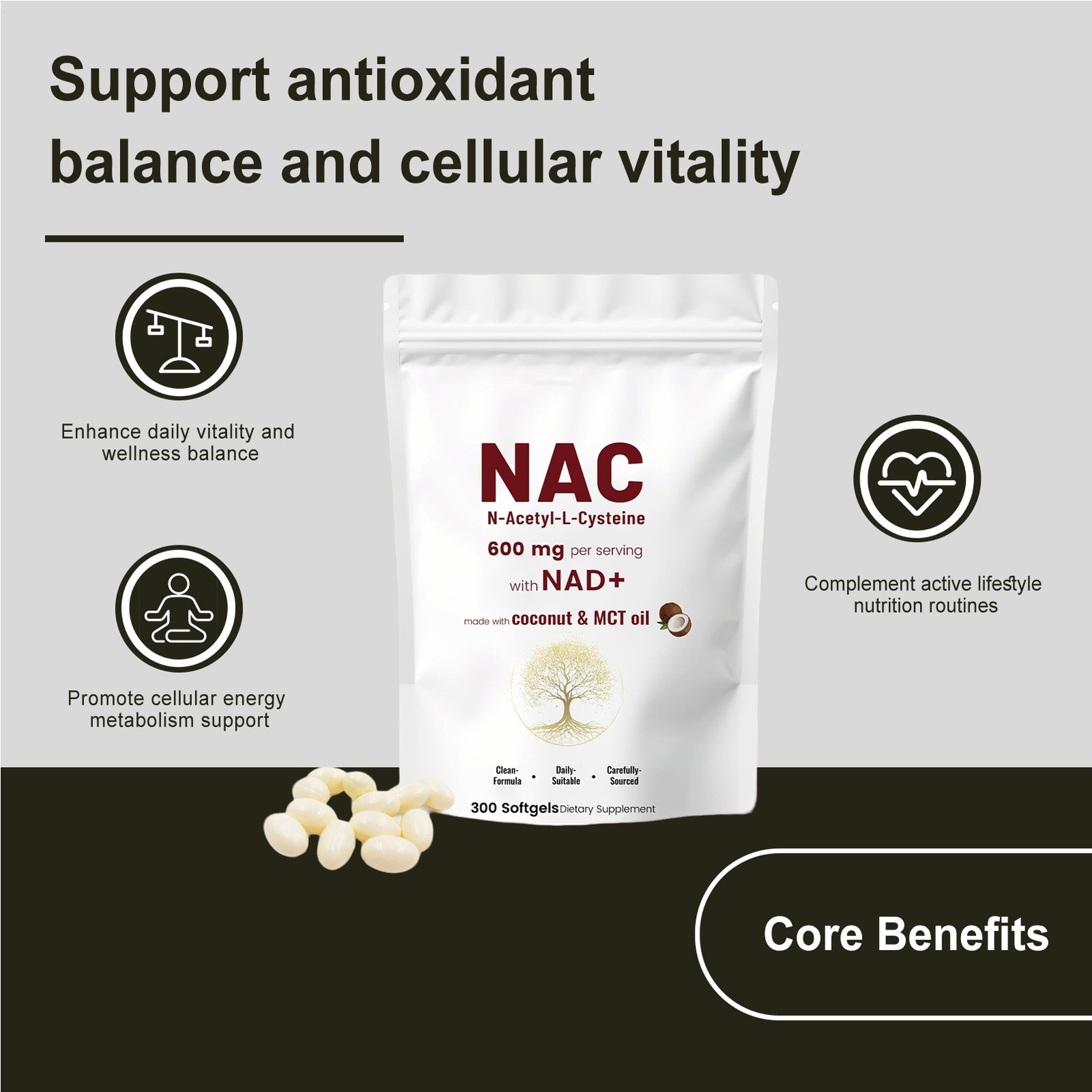 NAC 600mg with NAD+, 300 Coconut MCT Oil Softgels | L Acetyl N Cysteine & Nicoti