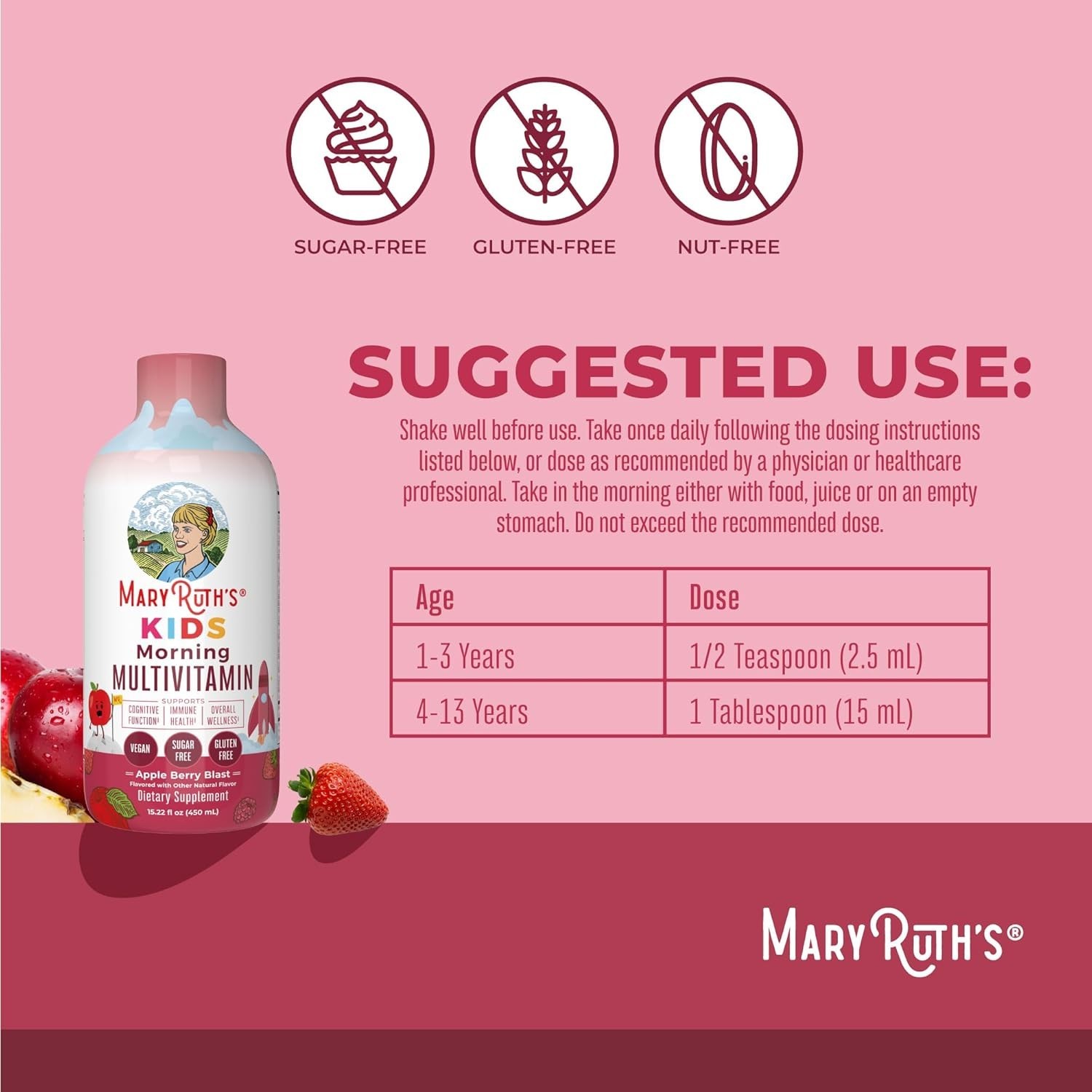 MaryRuth’s Kids Liquid Morning Multivitamin Apple Berry 15.22oz Vegan Sugar-Free