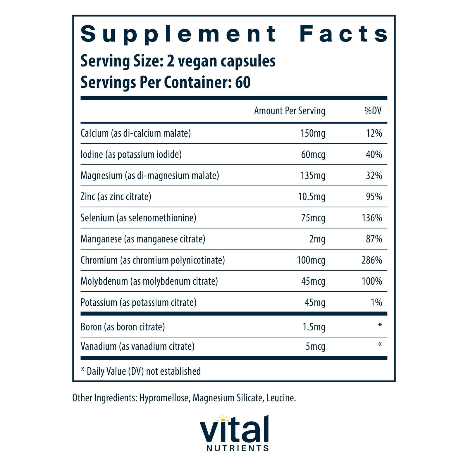 Vital Nutrients Multi-Minerals Citrate/Malate No Copper Iron Vegan 120 Capsules