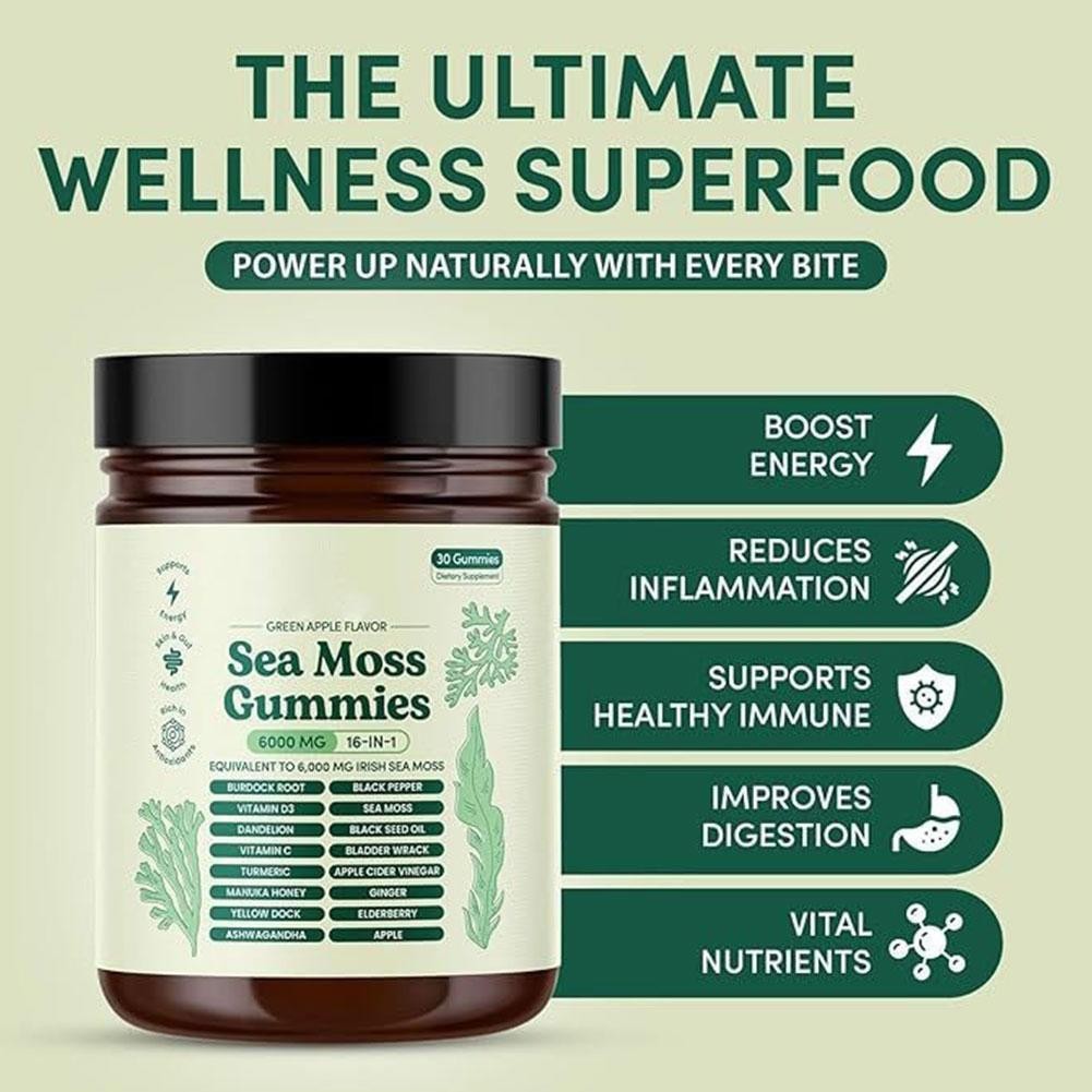 16 in 1 Organic Sea Moss Gummy | Irishmoss Extract 6000Mg | Green Apple Flavor