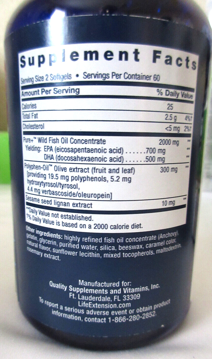Life Extension Super Omega 3 EPA/DHA Fish Oil Sesame Lignans & Olive 120 Cap New