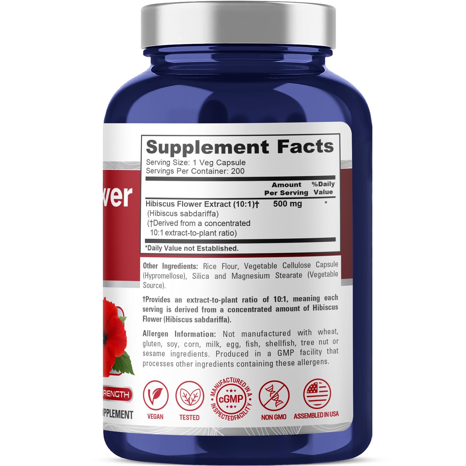 Hibiscus Flower Capsules, 500 mg, 200 Veg 200 Count (Pack of 1)