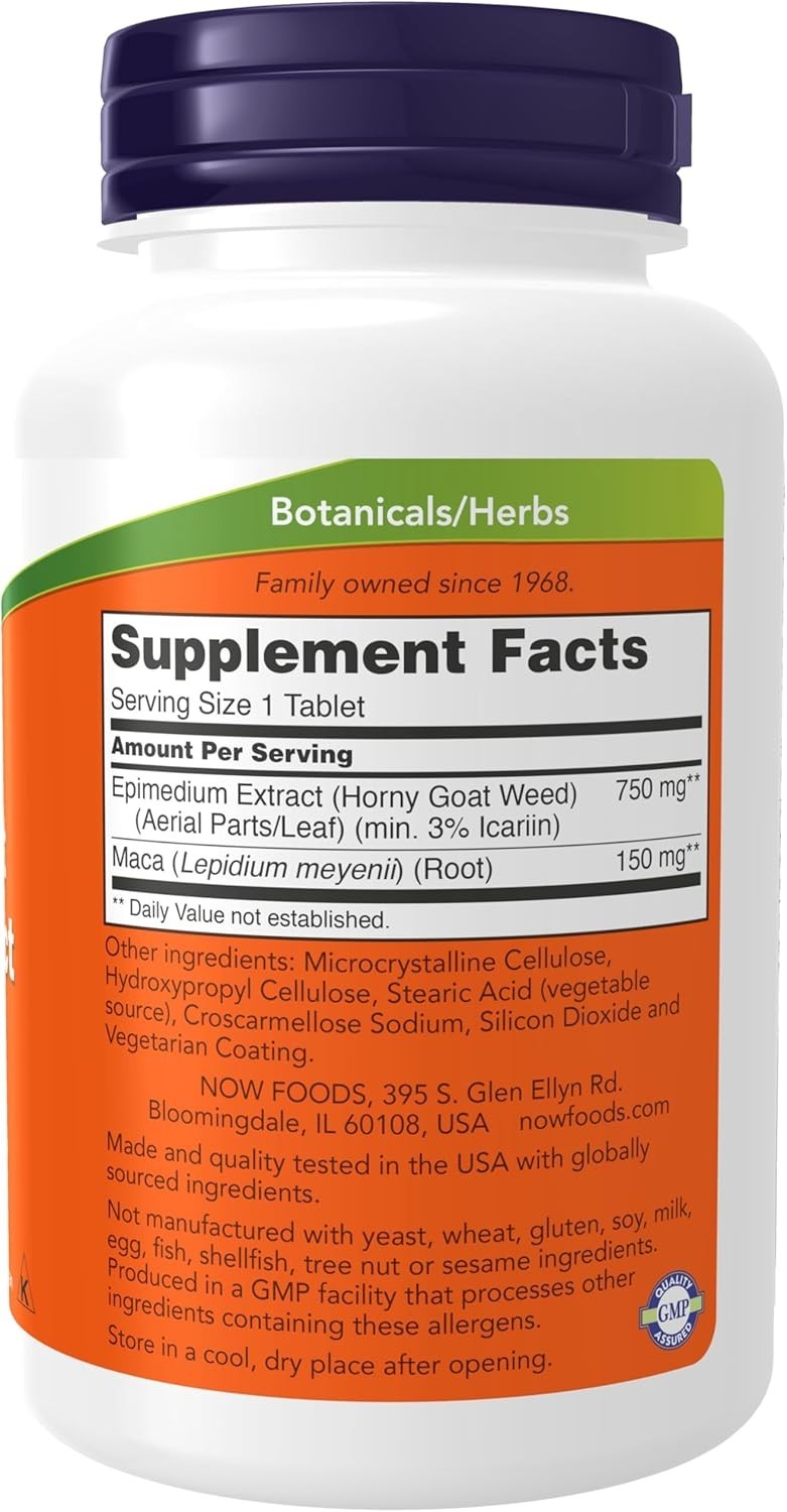 Horny Goat Weed Extract 750mg Plus Maca Root 150mg NOW Supplements 90 Tablets