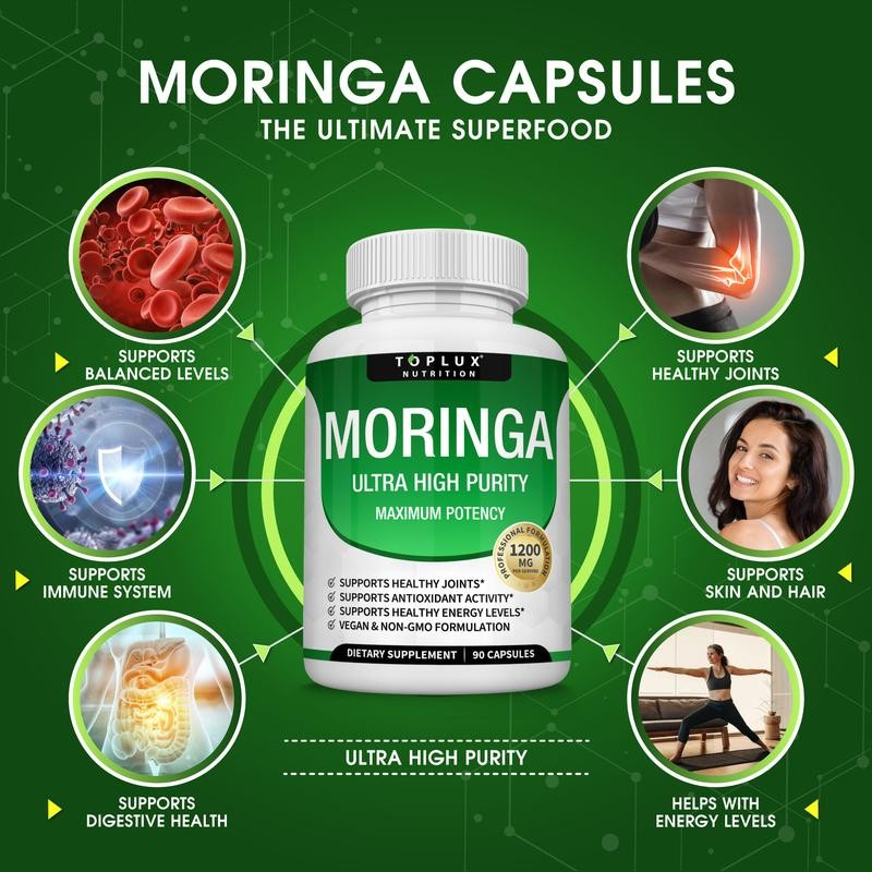 3PCS Moringa Capsules 1200mg Pure Moringa Powder Immune Gut Support 90 Count