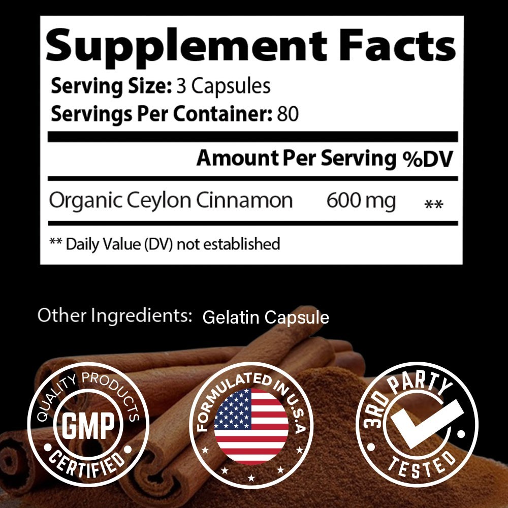 Organic Ceylon Cinnamon 1800mg | High Potency | 240 Capsules | GMP Certified