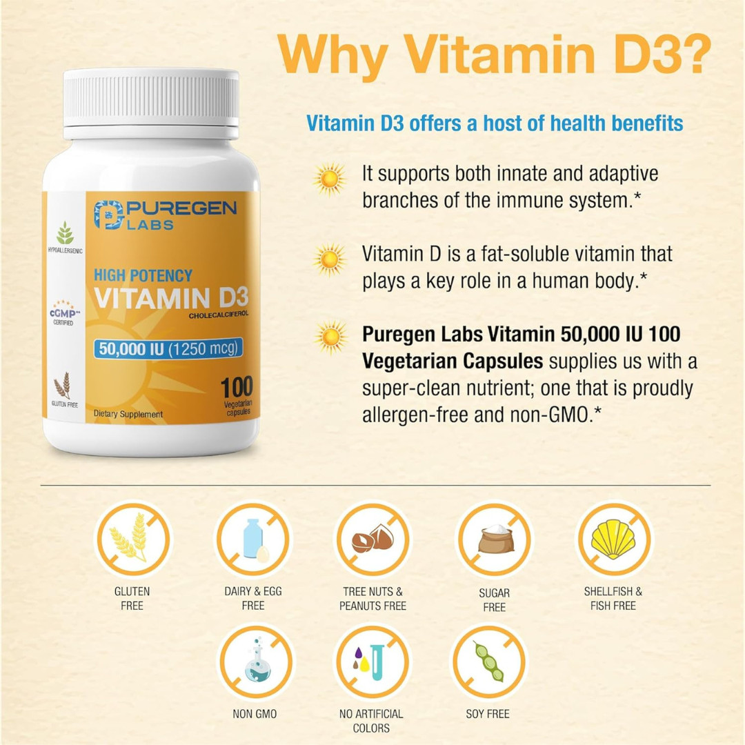Puregen Labs Vitamin D3 50000 IU 100 Capsules Weekly Bone Immune Support