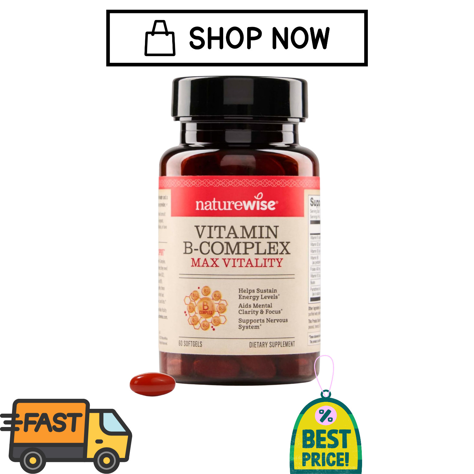 Vitamin B Complex for Women & Men w/ Folic Acid Biotin B1 B2 B3 B6 B12 180 Ct