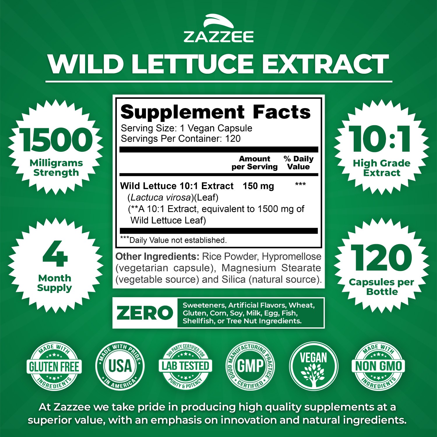 Wild Lettuce Extract 500 mg 120 Veggie Capsules Lactuca Virosa Pain Relief 4:1